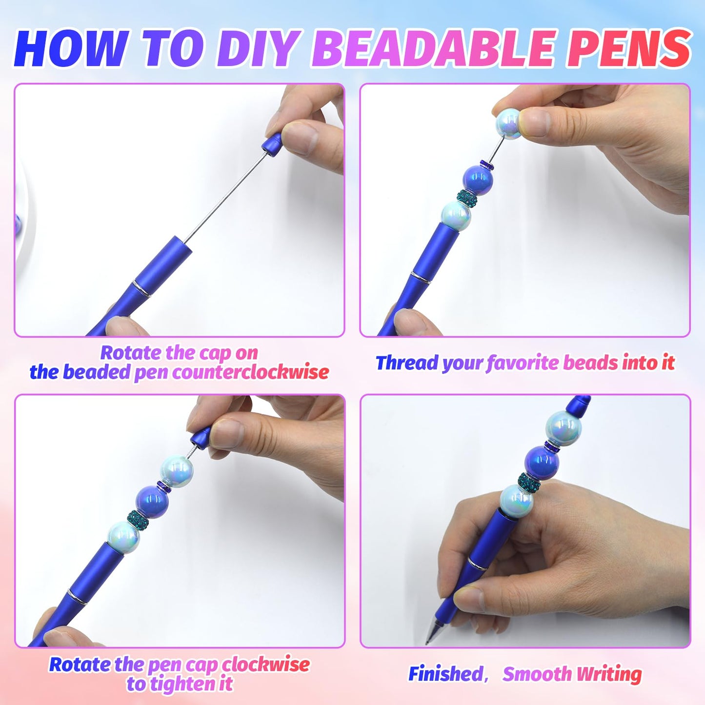 DASTTUIS 150 Pieces DIY Beadable Pen Kit – 50 Plastic Ballpoint Pens with Refills & Bags – School Supplies, Office Accessories & Decorative Items for Students & Teachers (Blue)