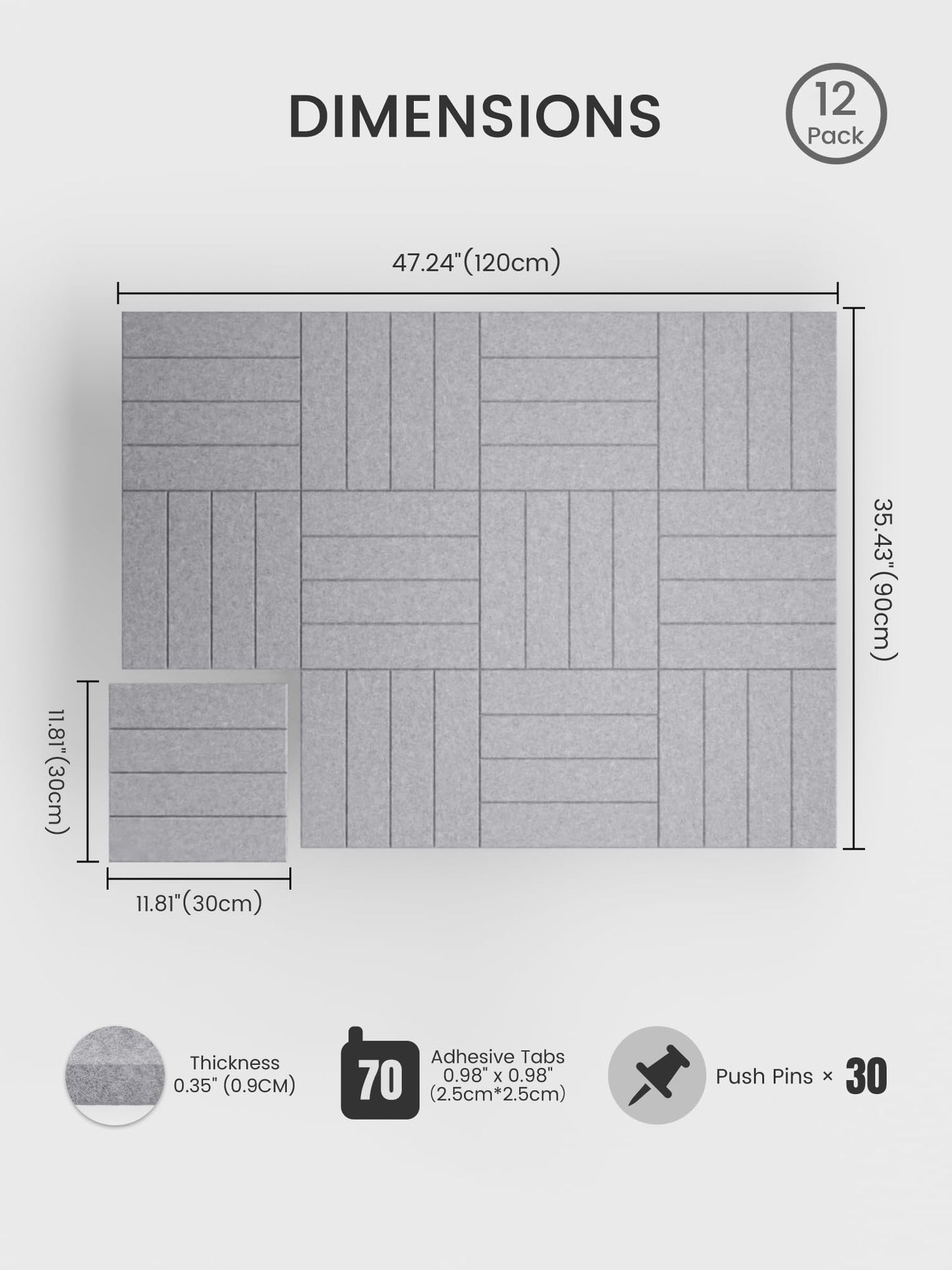 Bumusty Large Cork Board Alternative-48 x 36" Felt Bulletin Board Tiles, with 30 Pushpins, 70 Adhesive Tabs, Bold-Stripe 12-Pack, Cork Boards for Office Push Pin Board Felt Board-Soft Gray