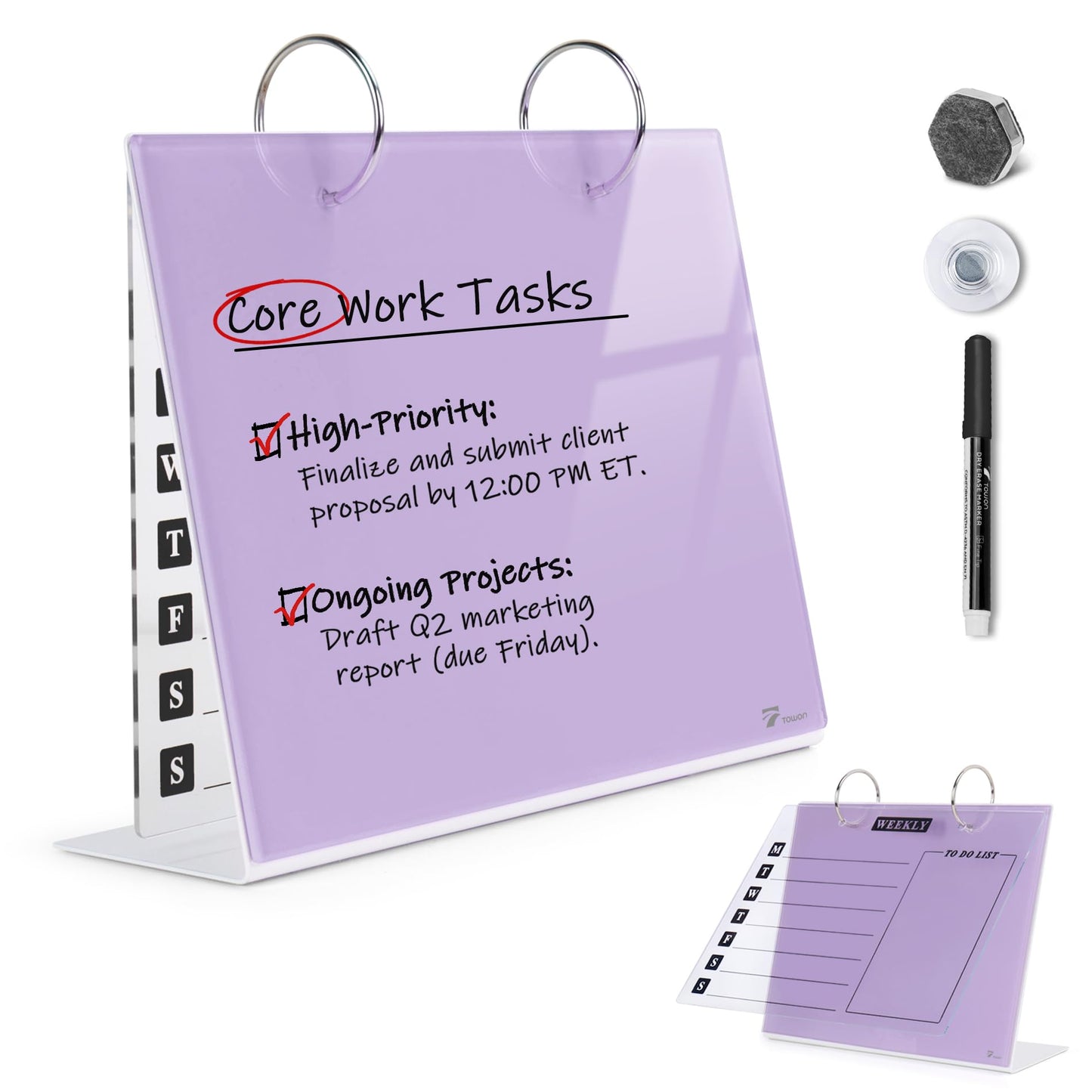 Desktop Glass Dry Erase & Acrylic Aesthetic Desk Calendar Weekly To-do List Combo, Small Magnetic Standing Whiteboard, Desk Flip Easel Calendar with Accessories for Home Office Supply, Purple, 9 x 7''