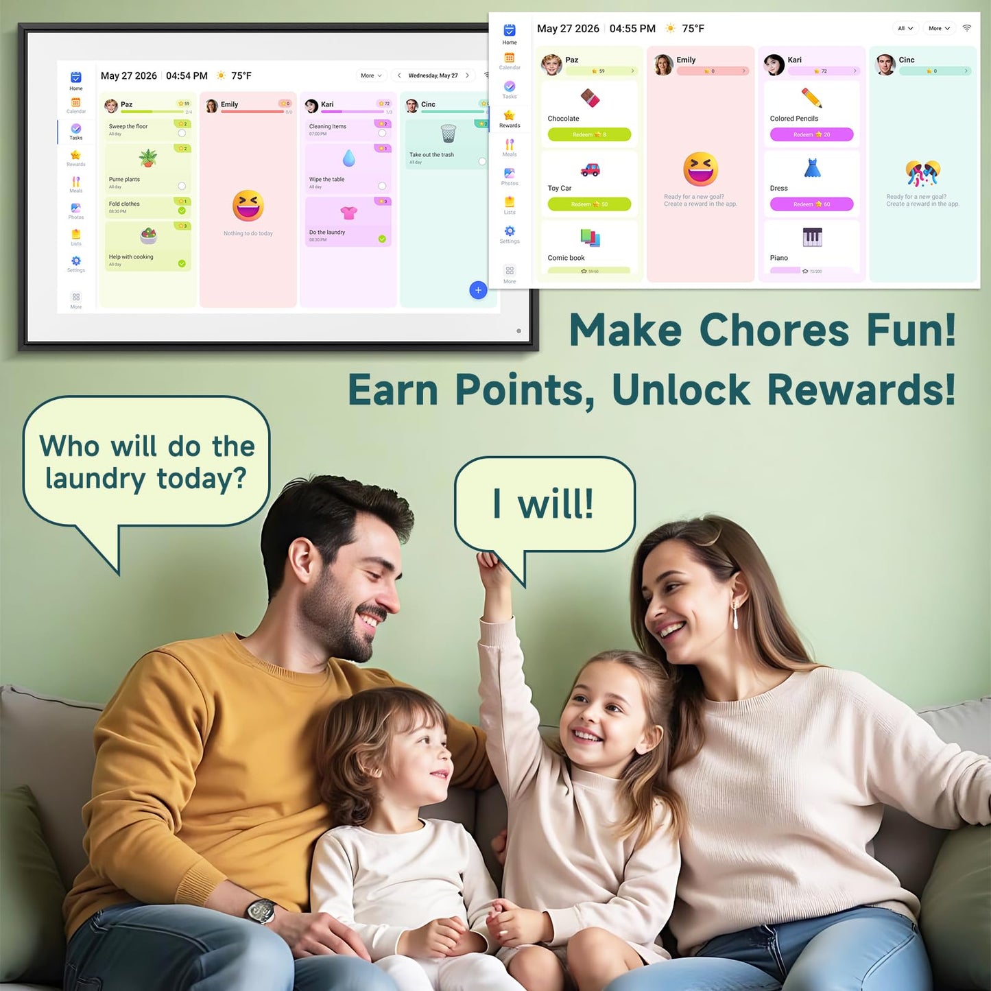 Digital Calendar 21.5 Inch with Chore Rewards – Smart Electronic Family Organizer, Touchscreen Wall Calendar, Meal Planner & Photo Frame, Syncs with Google/iCloud, for Wall or Desk, Black