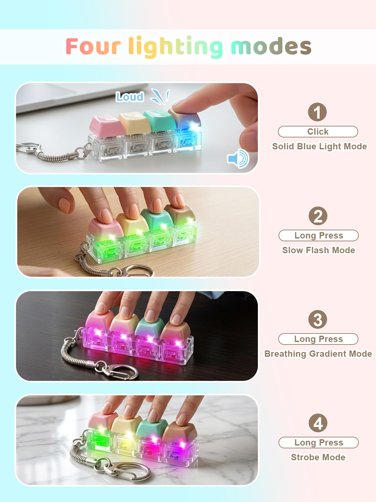 10PCS Light Up Keyboard Fidget Toy, 4-Key LED Keyboard Fidget Clicker Keychain with RGB Lights, Portable Mechanical-Style Sensory Desk Toy for Adults and Teens