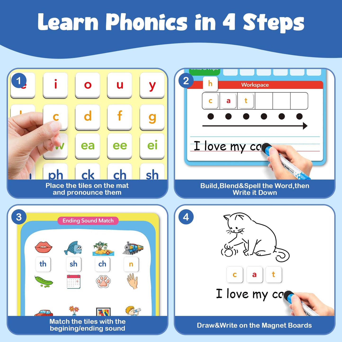 Aizweb Phonics Magnetic Letter Tiles,All-in-one Magnetic Phonics Kit,Reading &Spelling Games with Dry-Erase Boards&Storage Case,Phonics Games for Preschool Pre k& Kindergarten Classroom Learning