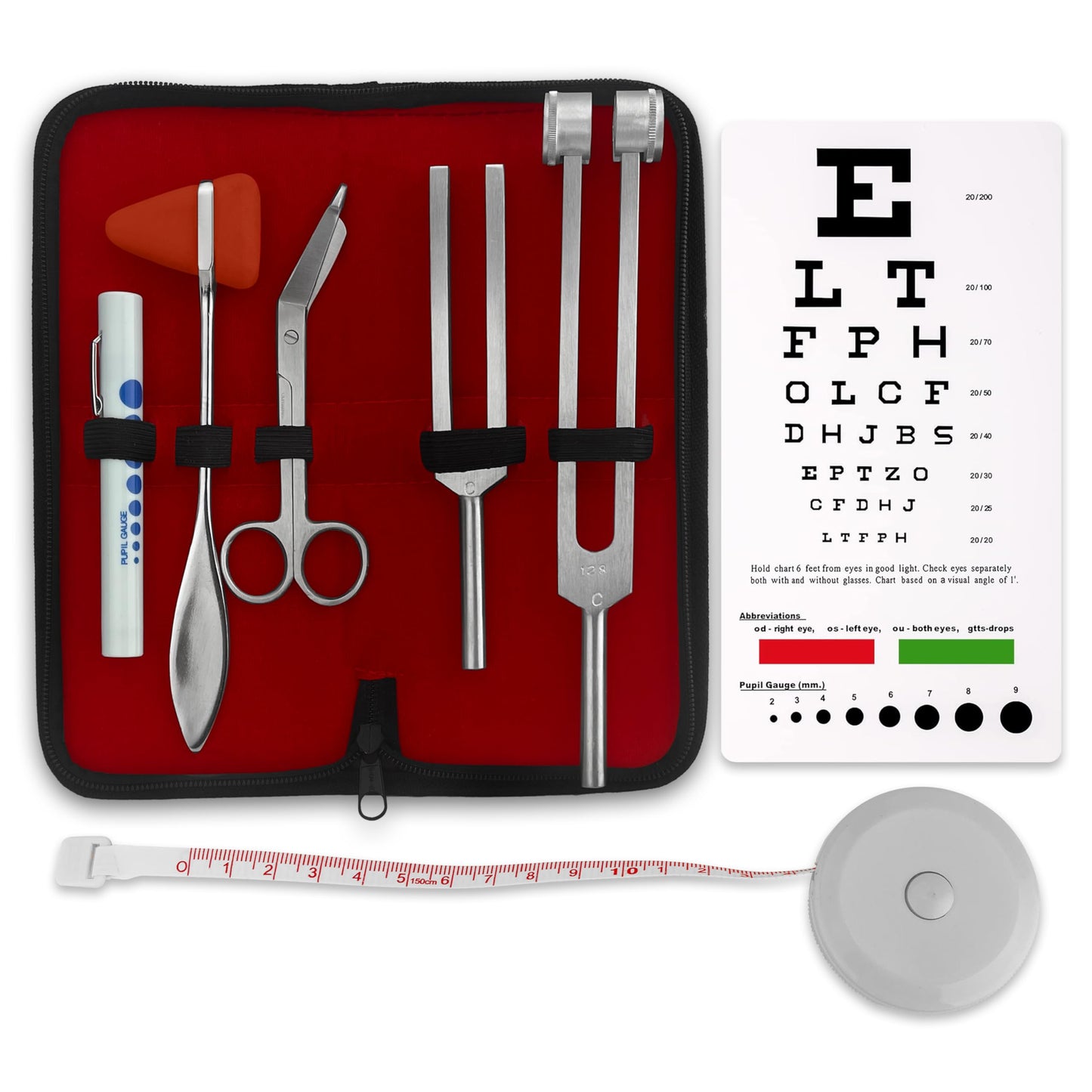 DEXSUR 7pc Diagnostic Percussion Set - Comprehensive Kit for Accurate Reflex Testing and Examinations, Includes Tuning Fork, Hammers, Pinwheel, Pupil Gauge Penlight, and EMT Scissors