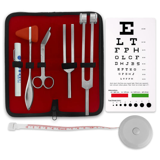 DEXSUR 7pc Diagnostic Percussion Set - Comprehensive Kit for Accurate Reflex Testing and Examinations, Includes Tuning Fork, Hammers, Pinwheel, Pupil Gauge Penlight, and EMT Scissors