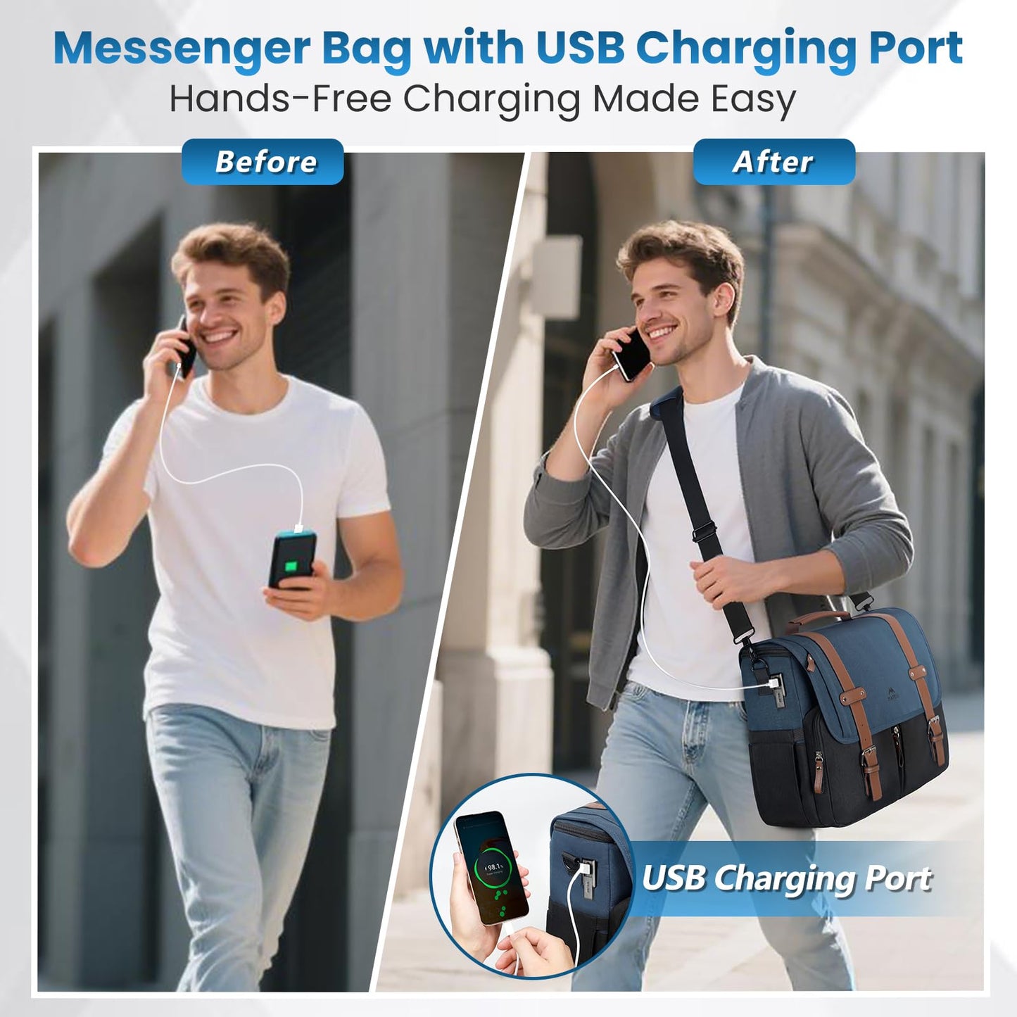 MATEIN Messenger Bag for School with USB Charging Port, Large Crossbody Satchel 15.6 inch Student College Laptop Bags with Shoulder Strap, Water Resistant Work Computer Briefcase for Office Commuting