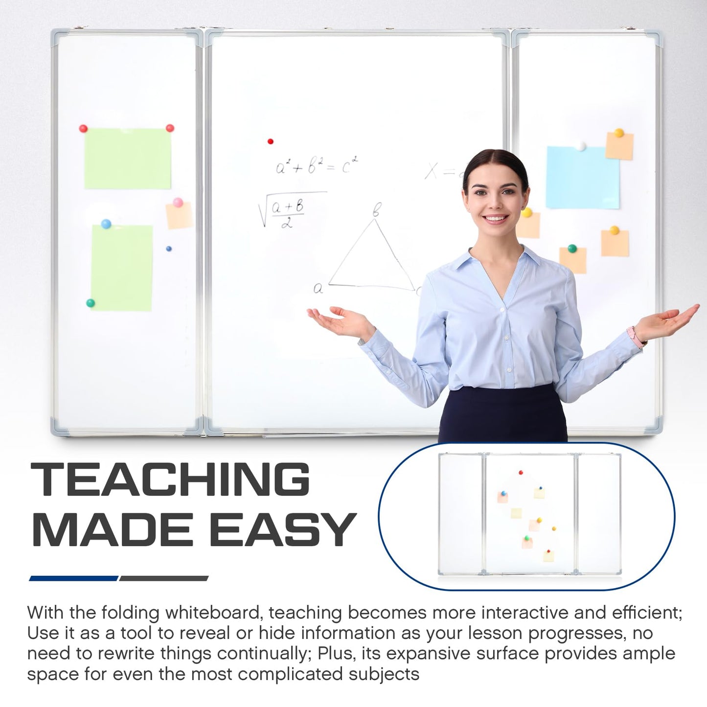 AmazingSpark 60” x 40” Foldable Whiteboard Dry Erase Board Large Tri Folding Whiteboard Magnetic Dry Erase Board, Wall Aluminium Frame and Flip Out Pen Tray for Office, Home