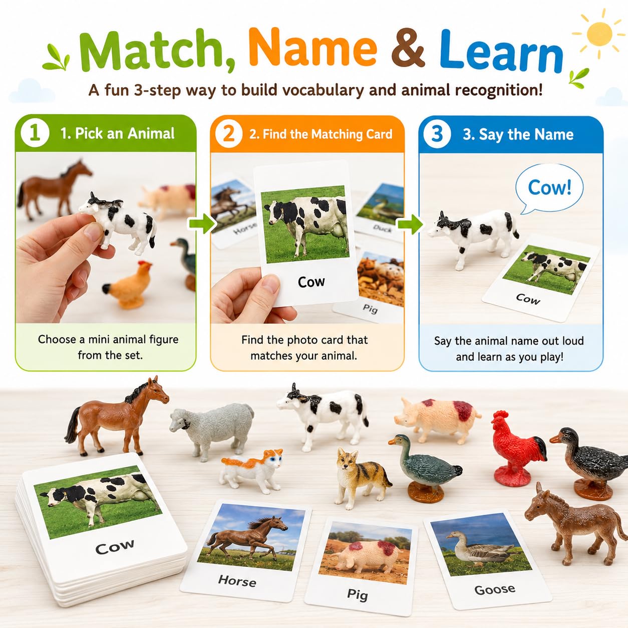 Montessori Farm Animal Matching Game, 12PCS Realistic Farm & Poultry Animal Figurines with Flash Cards, Preschool Educational Learning Toys for Toddlers Kids, Homeschool Language Sensory Toy