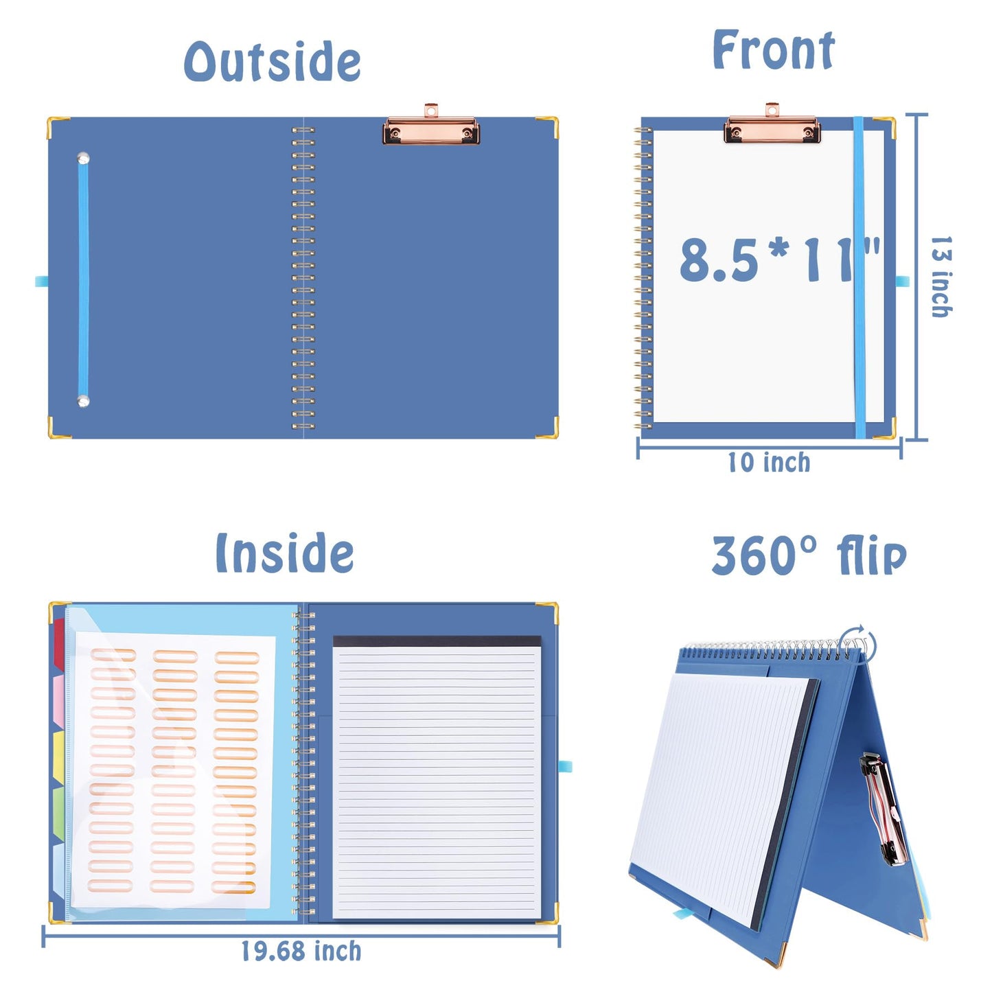 HAUTOCO Clipboard Folio with Refillable Lined Notepad for Letter Size (11" x 8.5"), 5 Dividers with 10 Pockets, Elastic Pen Holder and File Folder Labels, Spiral Nurse Clipboard Artboard(Dark Blue)