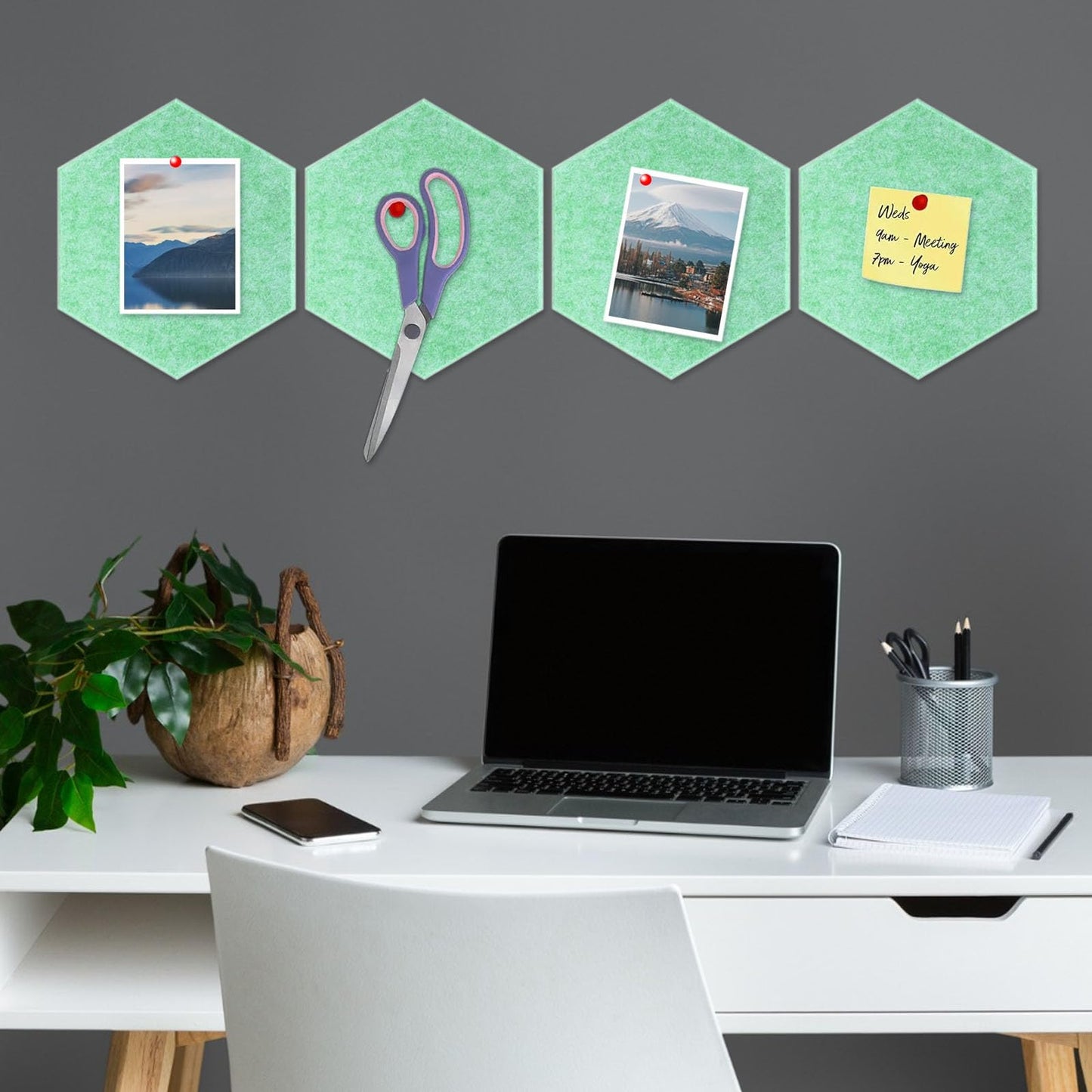 8 Packs Light Green Hexagon Felt Pin Board, 12" Bulletin Board with 30 Push Pins, Felt Board for Home Kitchen Office Decor, Self-Adhesive Corkboard Tiles for Walls Message Photos Memos Display