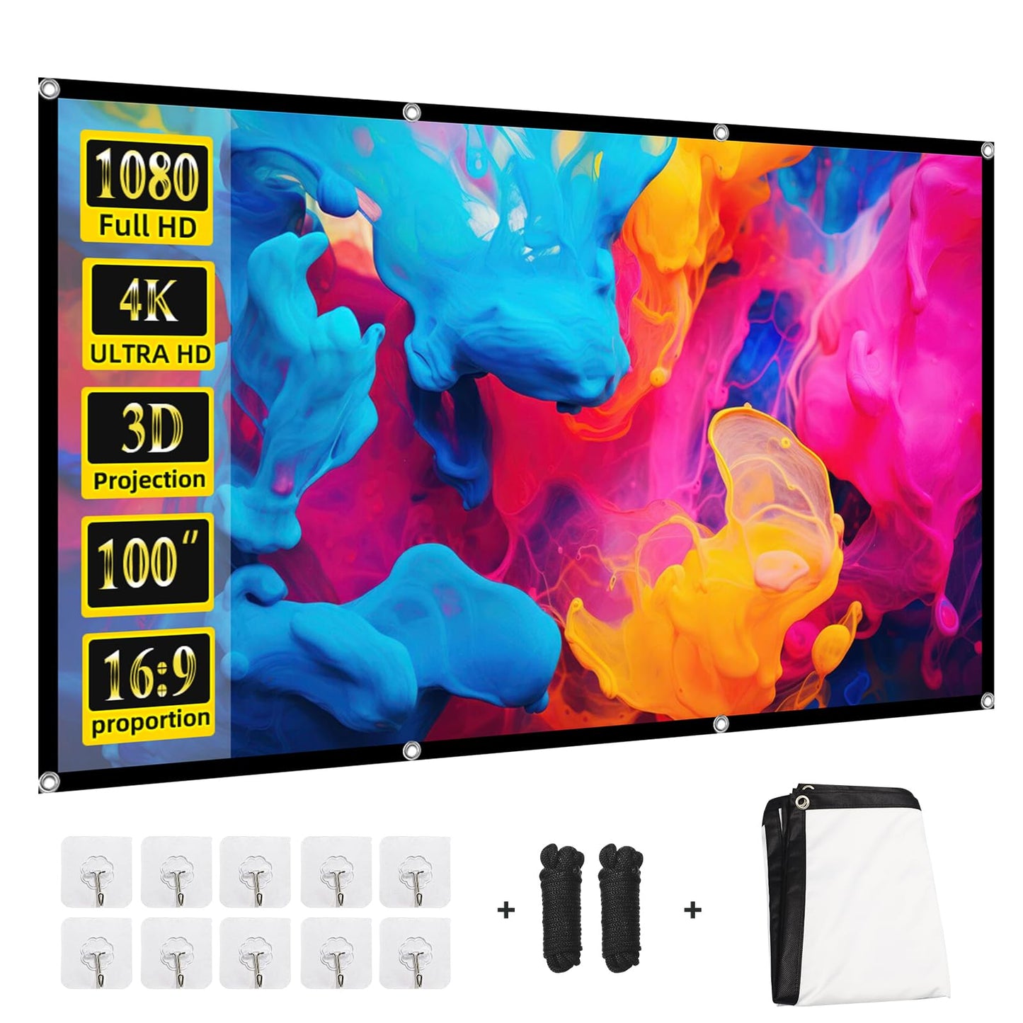 Projector Screen 100 inch,Portable Movie Projector Screen 16:9 HD Indoor Outdoor Double Sided Rear Projection Screen Video for Home, Party, Office, Classroom
