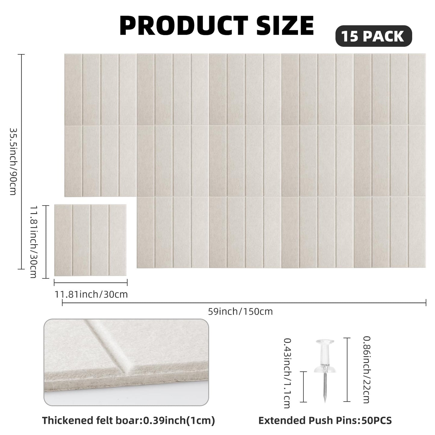 Large Felt Bulletin Board 59" x 35.5" 15 Pack Self-Adhesive Modular Felt Tiles, Cork Board Alternative for Wall, Acoustic Soundproof Panels for Home Office Classroom Decor with 50 Push Pins (Camel)