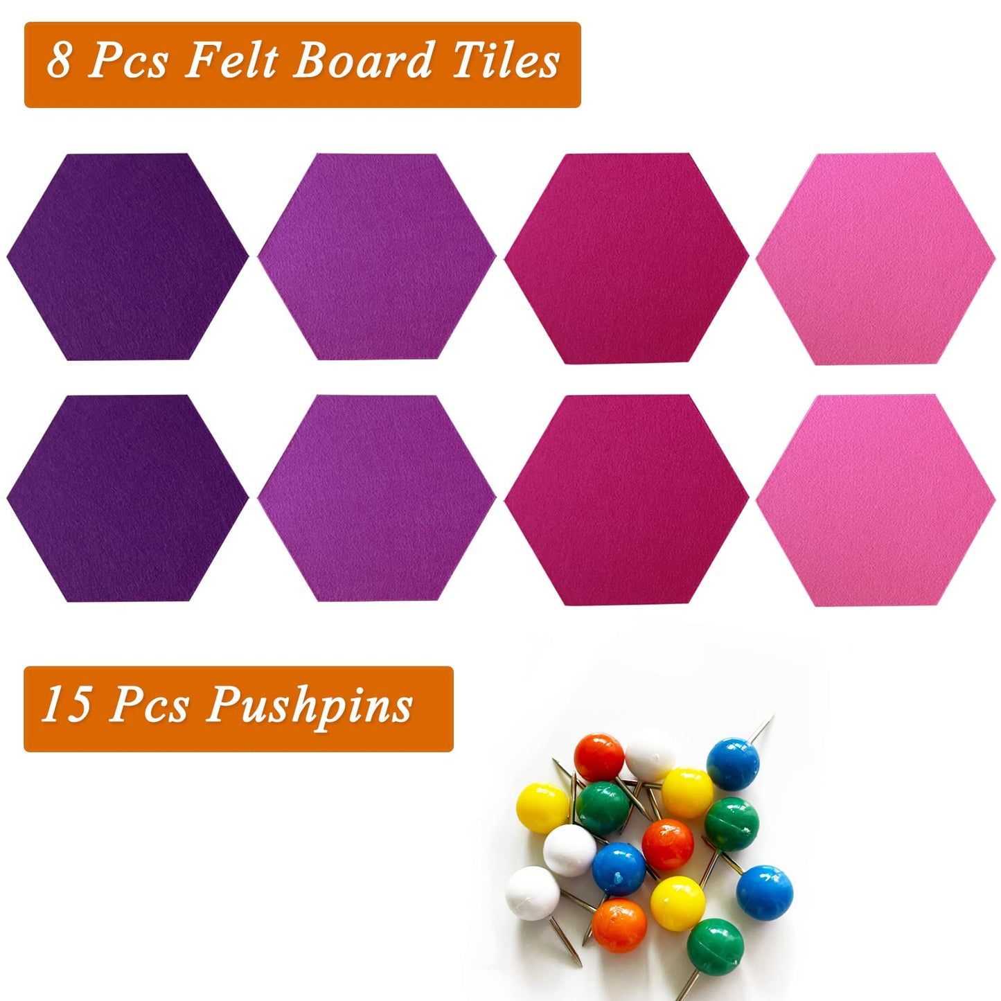 HULAVO 8Pcs Hexagon Felt Cork Board Tiles, Self Adhesive DIY Bulletin Board Pin Board for Office School Home Wall Decor Stickers Memos Photos Display (Gradual Purple)