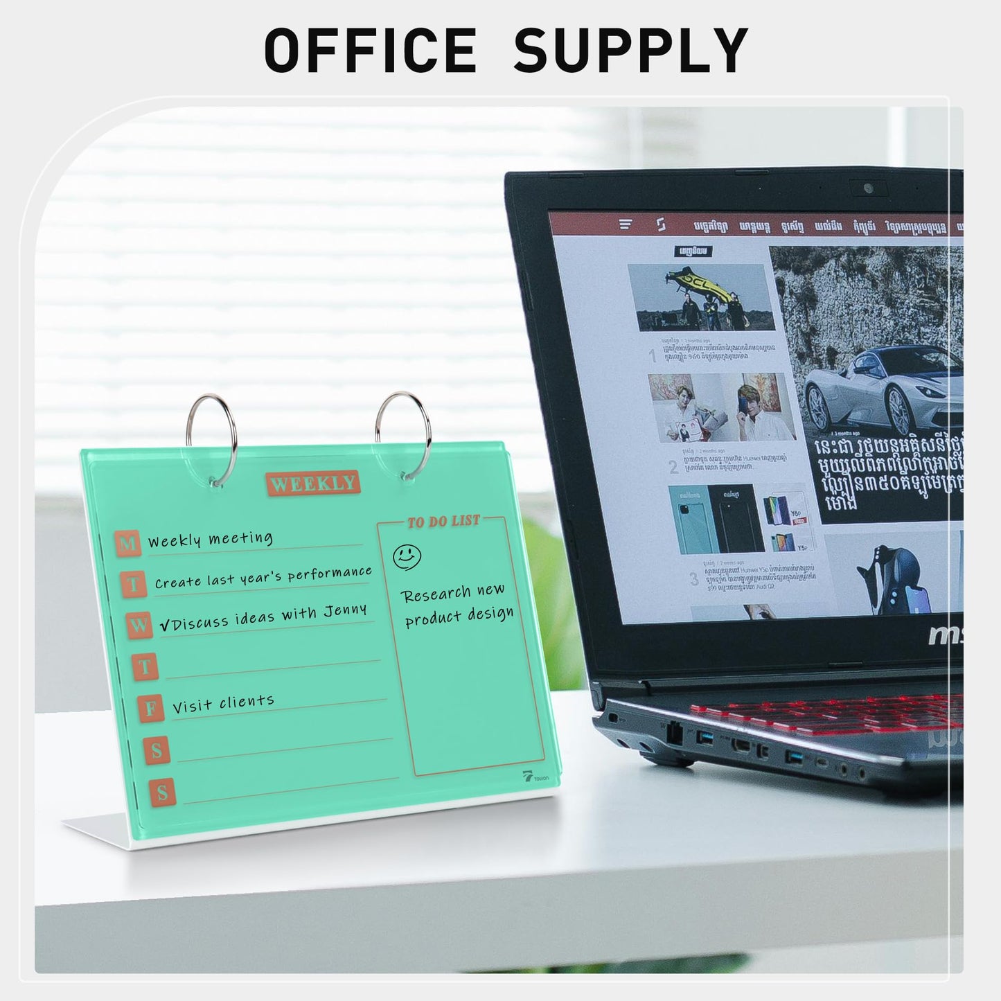 Desktop Glass Dry Erase & Acrylic Aesthetic Calendar Weekly to-do List Combo, Small Magnetic Standing Whiteboard, Desk Flip Easel Calendar with Accessories for Home Office Supply, Mint Green, 9 x 7''