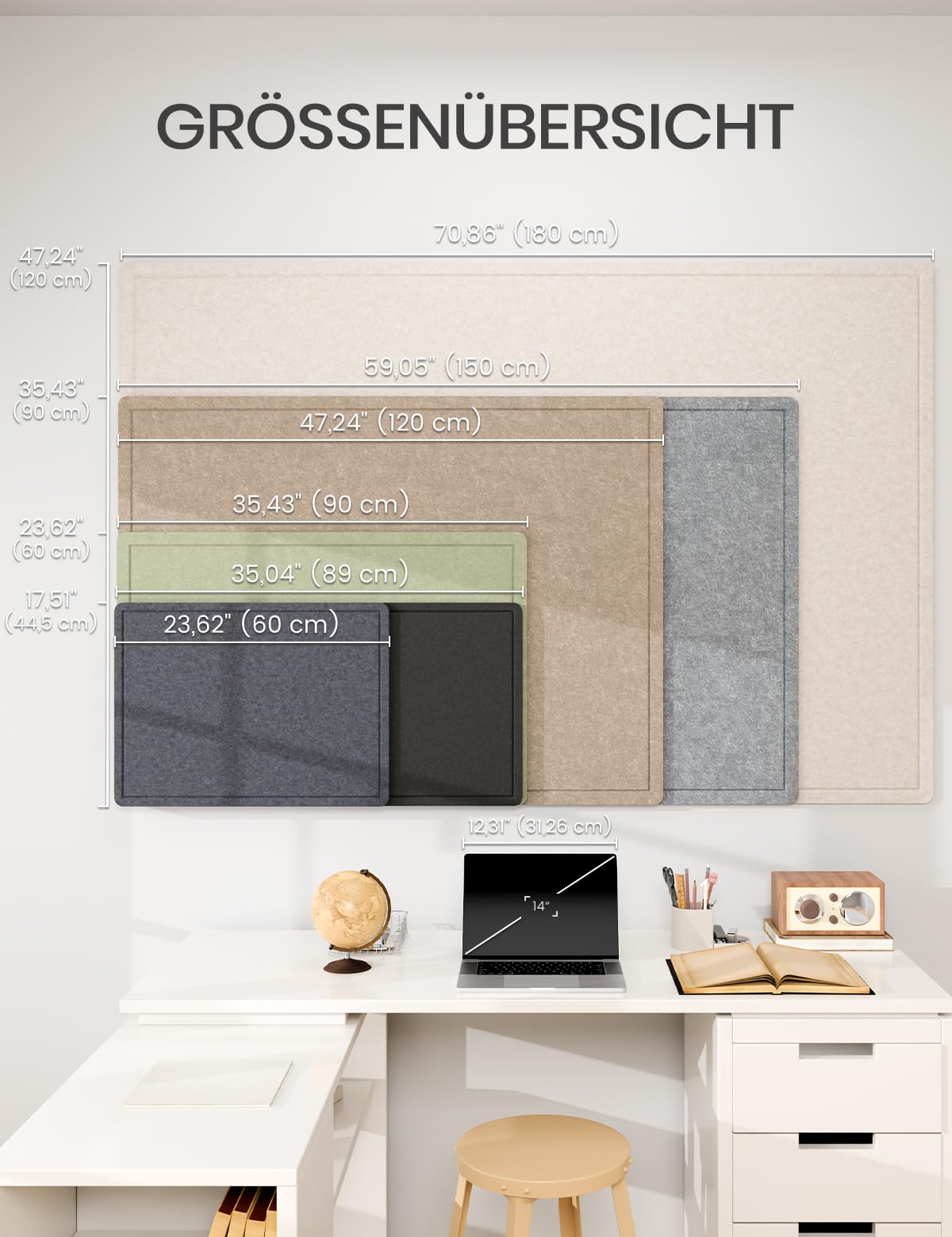 Fluxynara Bulletin Board, 35.4" x 23.6" Cork Board Alternative with 12 Safe Removable Adhesive Tabs, Foldable Felt Pin Board for Home Office, Classroom, Bedroom,Entryway for Walls—Sage