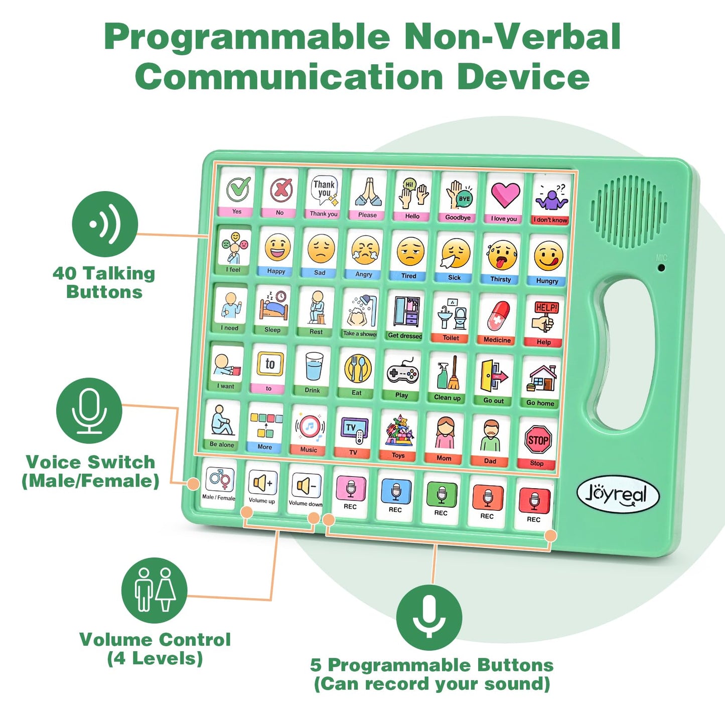 Joyreal AAC Device for Autism, Non Verbal Communication Tools for Speech Therapy & Stroke Rehab. Autism Communication Board with 5 Programmable Buttons & Adjustable Volume, Autistic Kids Must Haves