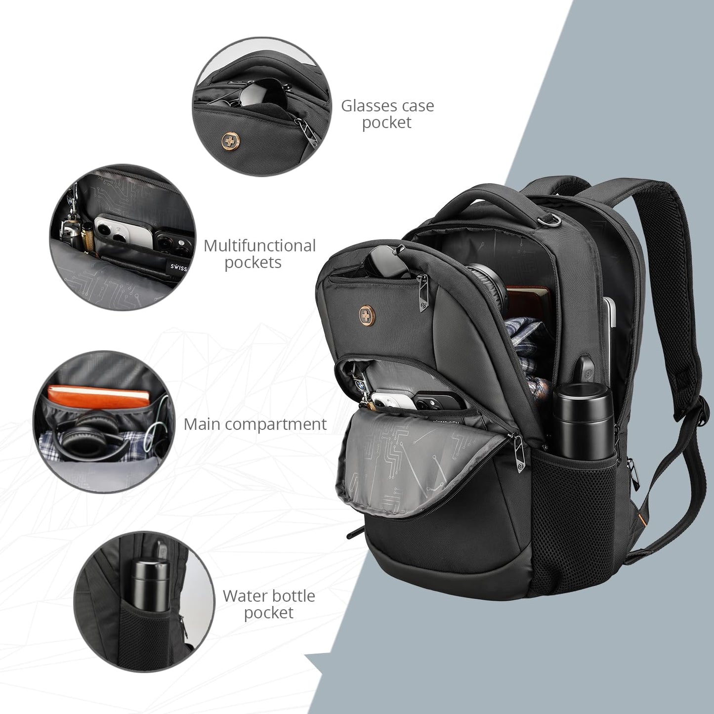 Swissdigital Design Travel Laptop Backpack, College Laptops Backpack with USB Charging Port for Men and Women Fits 16 Inch Notebook, Black | SD1670-01