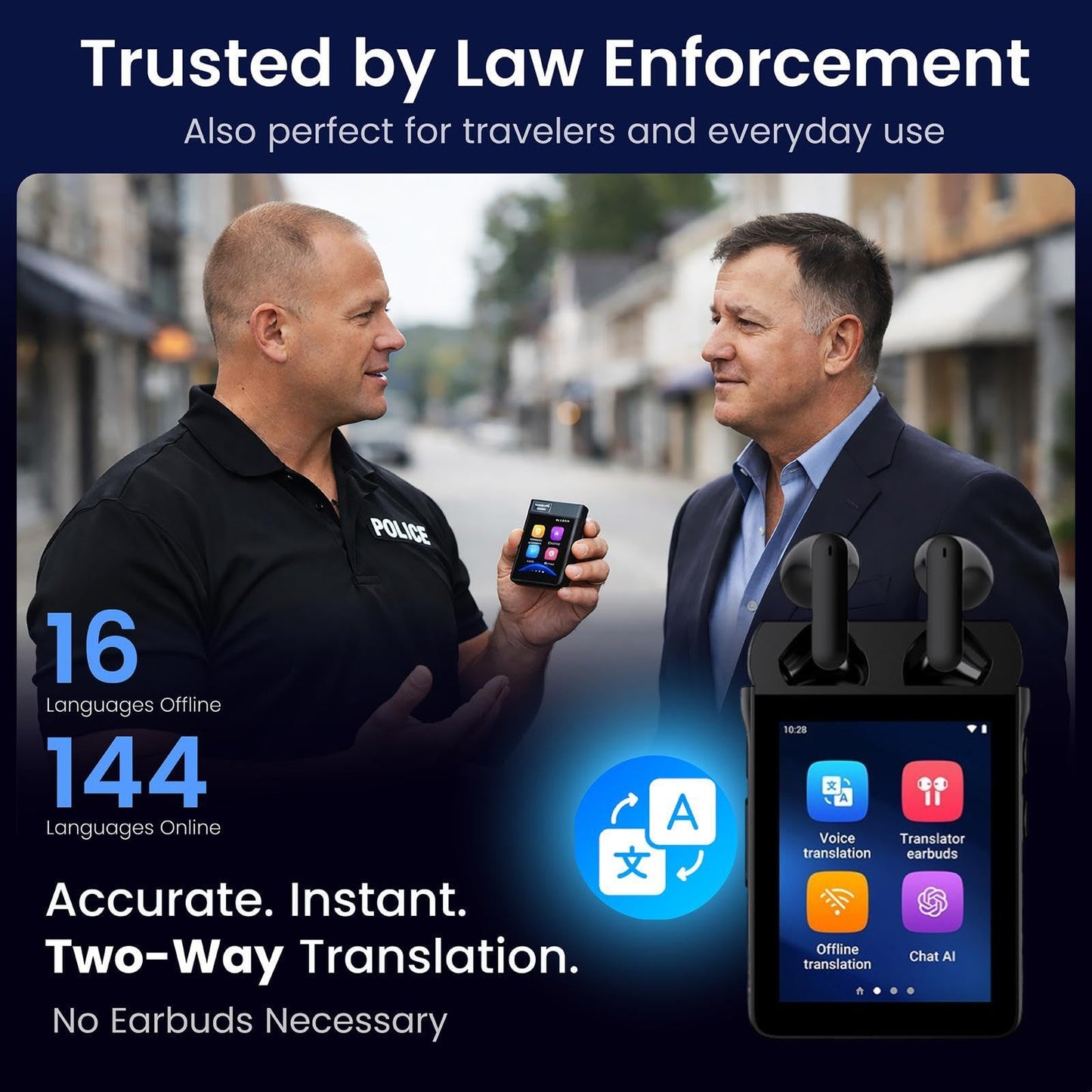 Guardian Translator V2 — AI Translator Device with Earbuds | Real-Time Two-Way Voice & Camera Translation | 144 Languages | Built-in ChatGPT | No Subscription | Travel, Business, Education