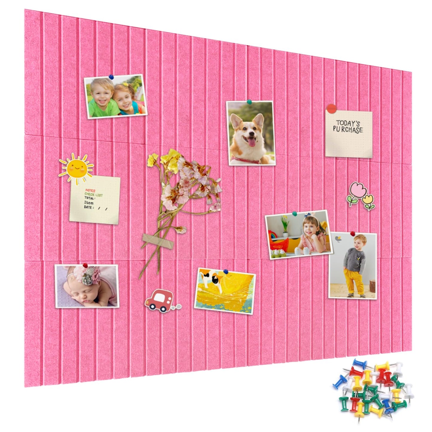 15 Pack Felt Bulletin Board, 35" x 59" Large Pink Pinboard with 30 Push Pins, Felt Pin Board, Self-Adhesive Cork Board Tiles for Home, Office Walls, School Classroom Message Photos Display