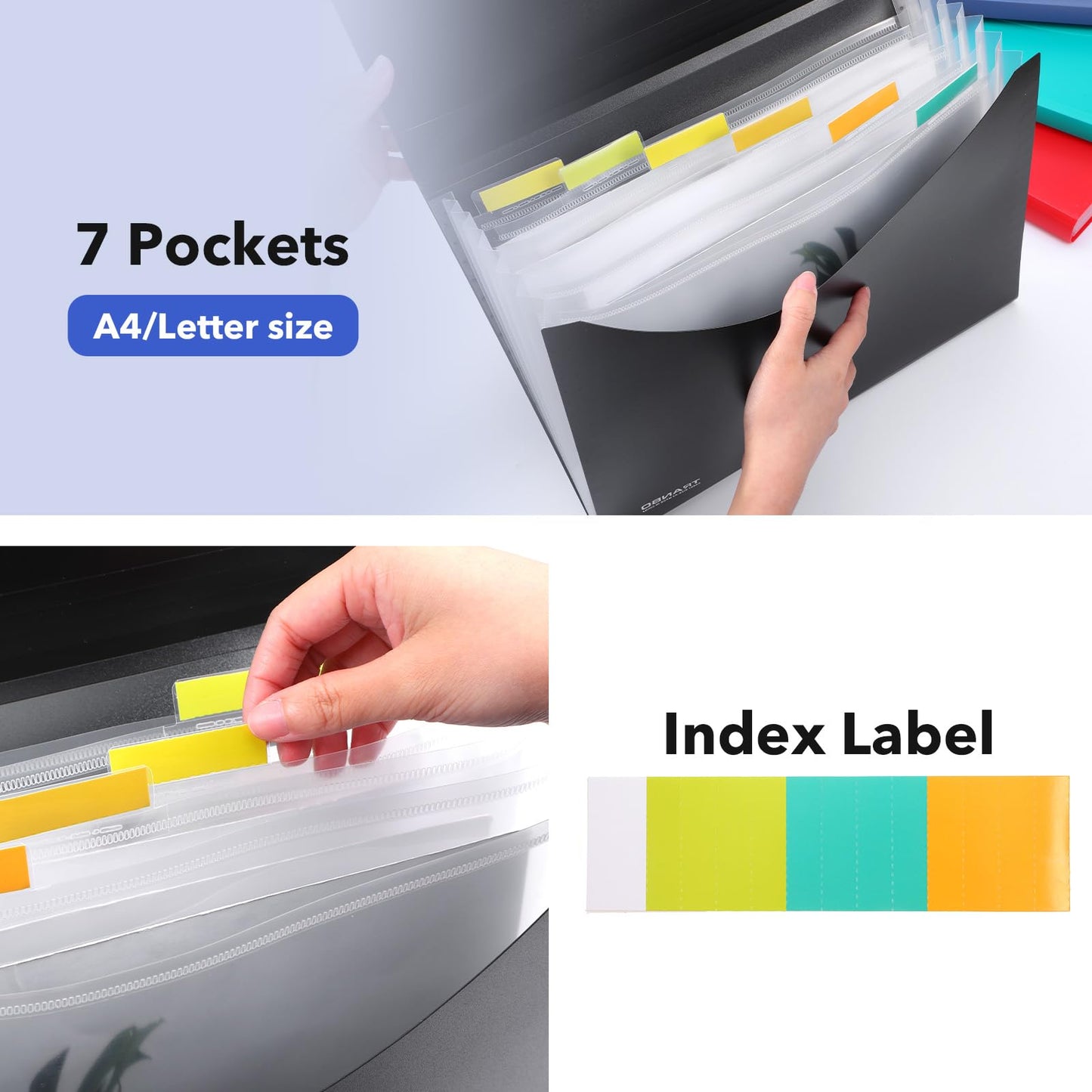 4-Pack A4 Accordion File Organizer with Rope Closure, 7 Pockets Accordion File OrganizerSmall Document Organizer in Black Blue Green Red, Includes 4 Label Sheets