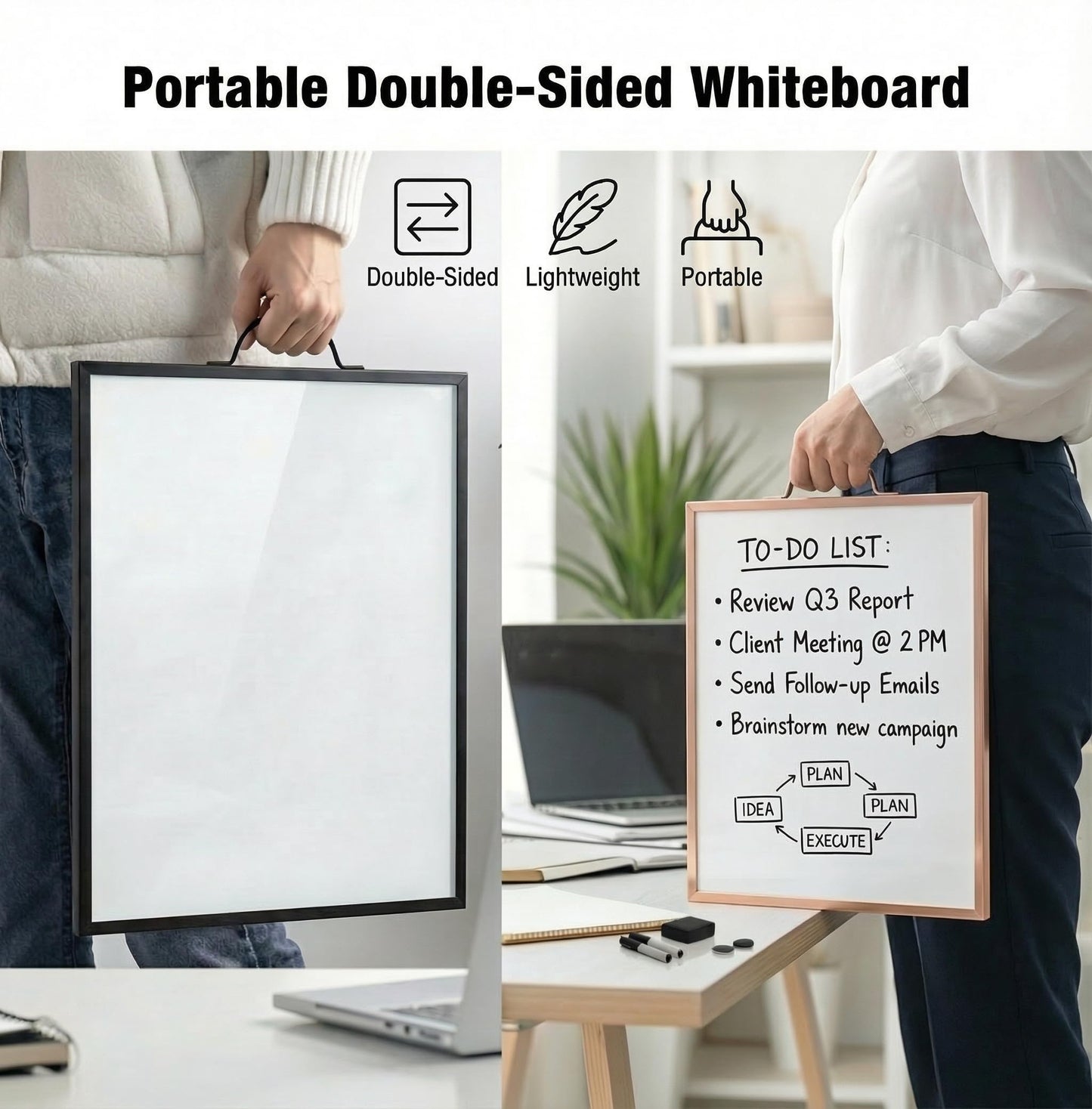 Lulu Office Magnetic Dry Erase Board 12x16 with Handle, Double Sided Portable Rose Gold Whiteboard for Home, Office, School & Kitchen, Includes Weekly & Monthly Magnetic Planner Sheets