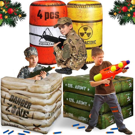 NINOSTAR Package 4 Combat Battlefield Inflatables, Compatible with Nerf, Laser tag, Water Gun for Boys Birthday Party Activities and Decoration. [Premium Pack]