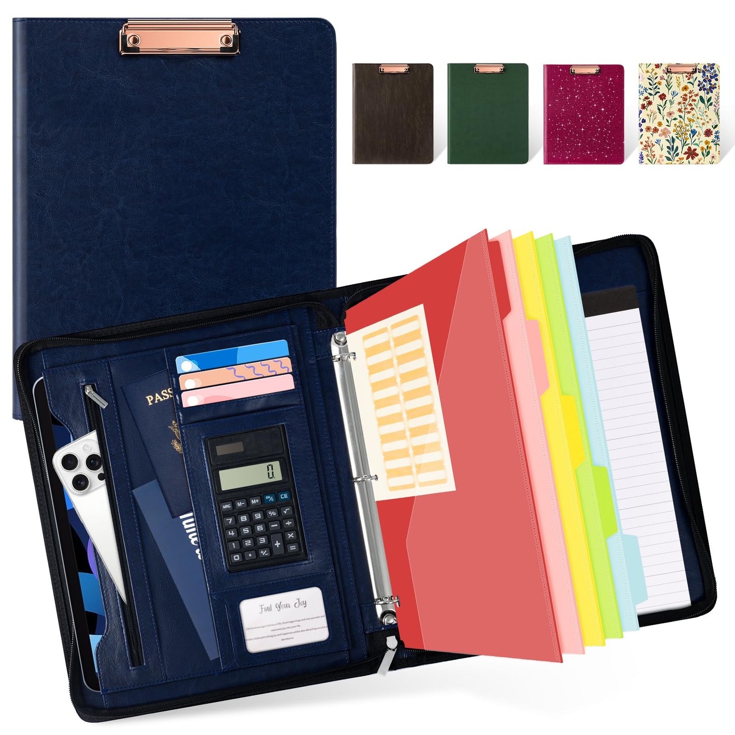 Ospelelf 3 Ring Portfolio Binder with Zipper, Leather Clipboard with Storage, Padfolio Folder for Men, 12.1” Tablet Sleeve, 5 Dividers with Pocket, Refillable Notepad, Card Slot (Navy Bule)