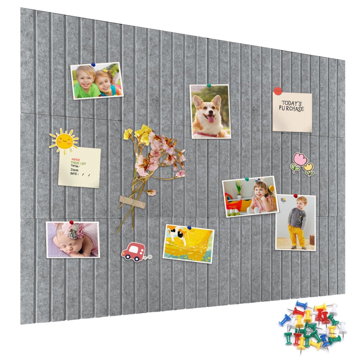 15 Pack Felt Bulletin Board, 35" x 59" Large Grey Pinboard with 30 Push Pins, Felt Pin Board, Self-Adhesive Cork Board Tiles for Home, Office Walls, School Classroom Message Photos Display