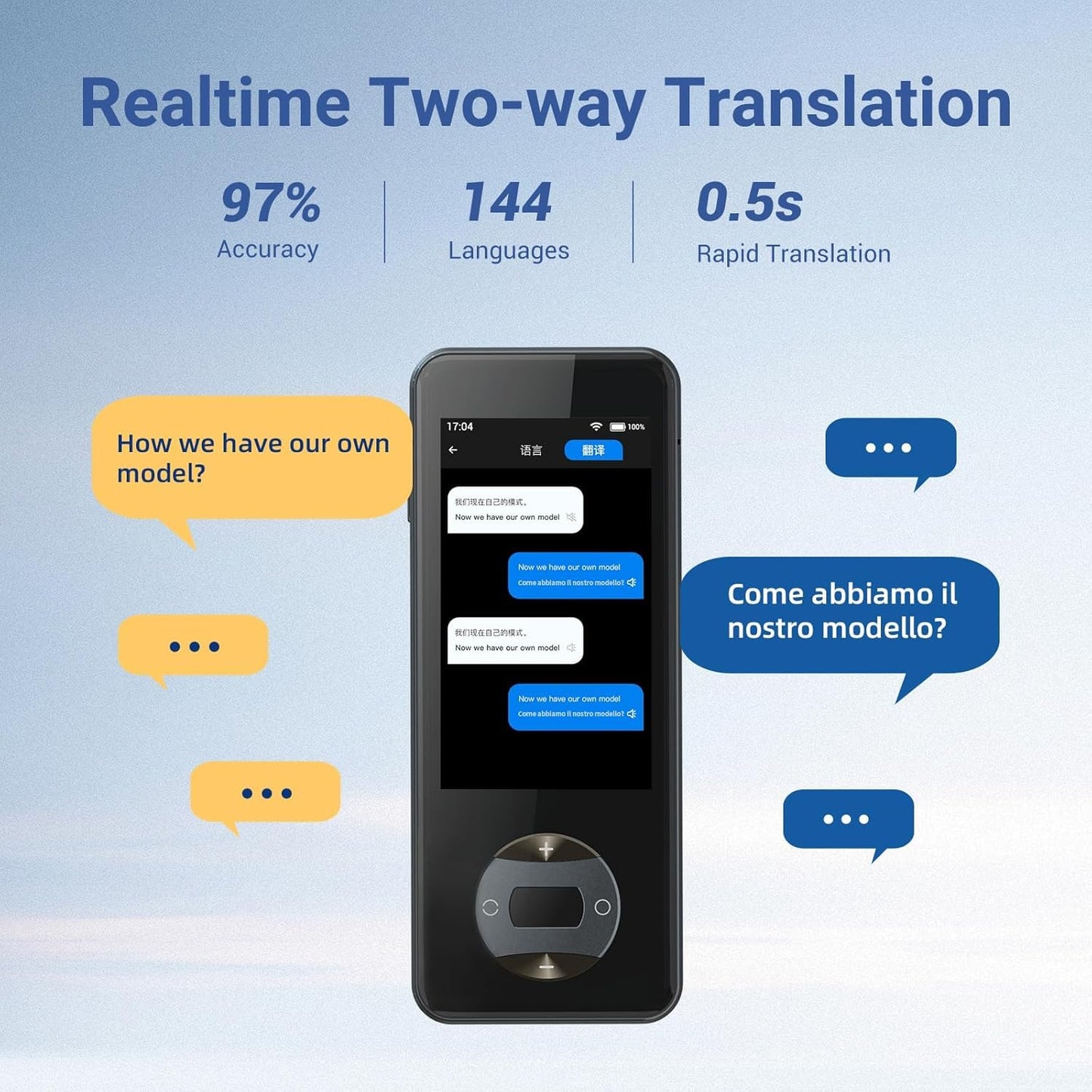 ANFIER W10 AI Translation Device, Real Time Language Translator No WiFi Needed, Voice Instant Two-Way Translator in 144 Languages & Accents, Offline/Photo/Text Translation for Business Travel (Grey)