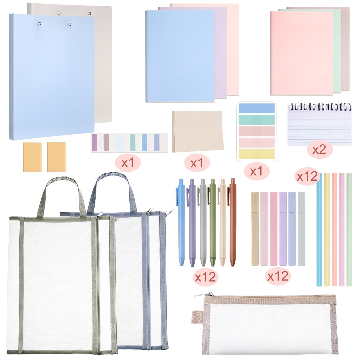 Colarr 54 Pcs Cute Notebook Stationery Set for Women, Bible Study Supplies, 6 Lined Notebooks, 36 Pens, Sticky Notes & Tabs, Bags & Folders for Work Journal Study College Office Supply(Morandi)