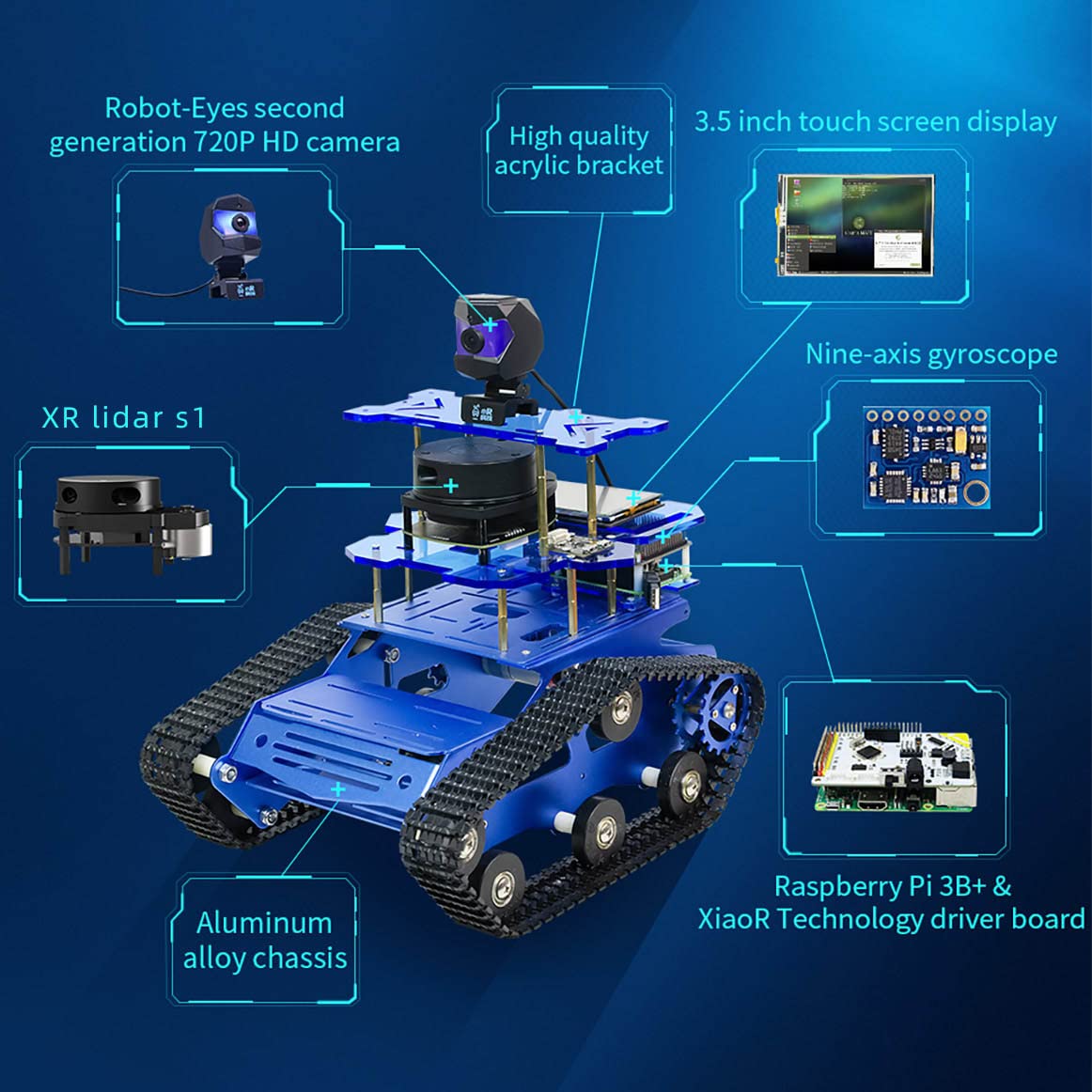 XiaoR Geek AI Robot Kit with Raspberry Pi XR lidar s1 ROS SLAM Smart Car DIY Tank Robotics Kit Build Maps, Autonomous Navigation, Object Recognition Tracking, Following(Blue with Raspberry Pi 4B 4GB)