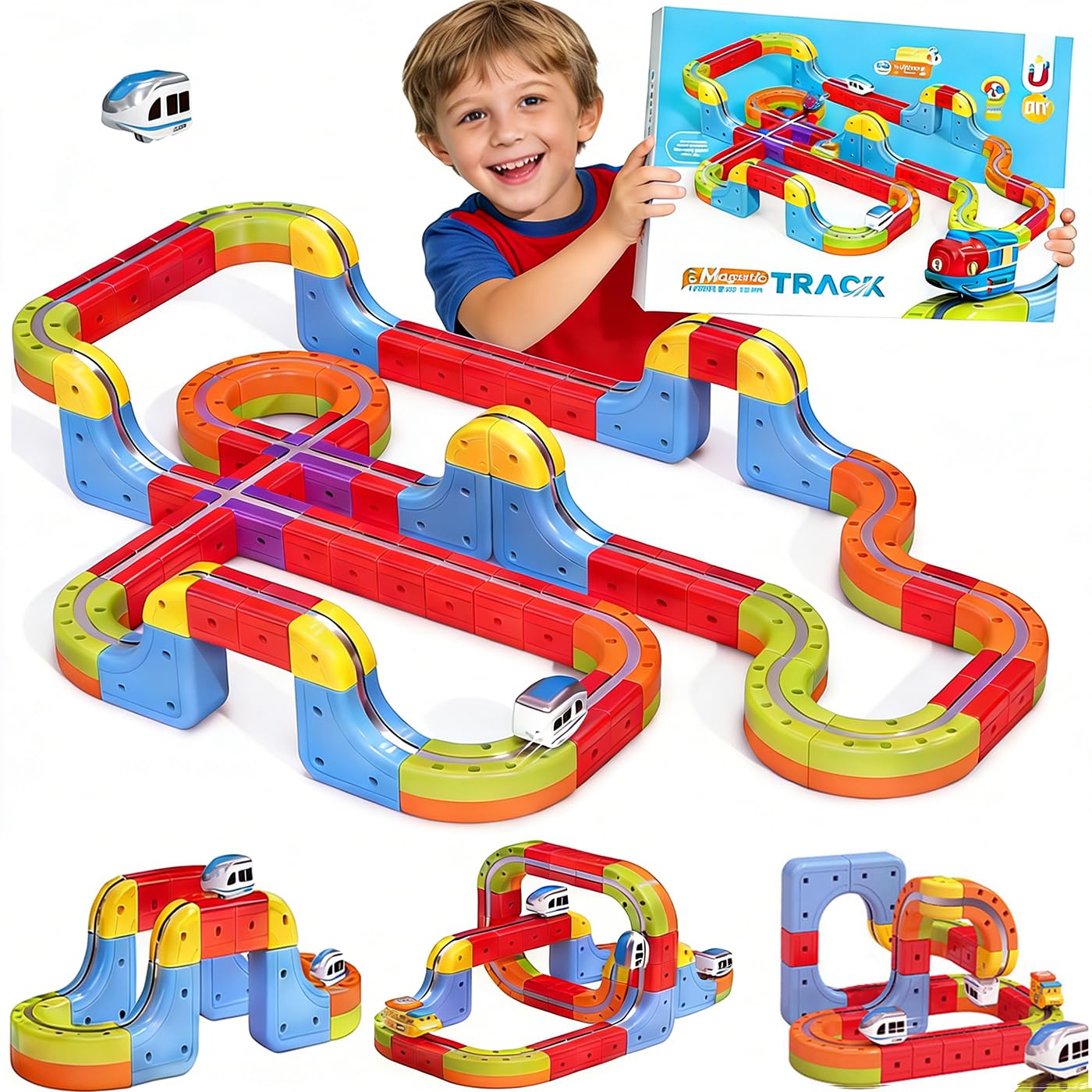 Electric Train Set, 3D Infinity Racer Train Tracks, DIY Toy Car Track, Modular Building Blocks Freely Assembled, STEM Learning Toy Fun Gifts for Kids Toddlers Boys & Girls