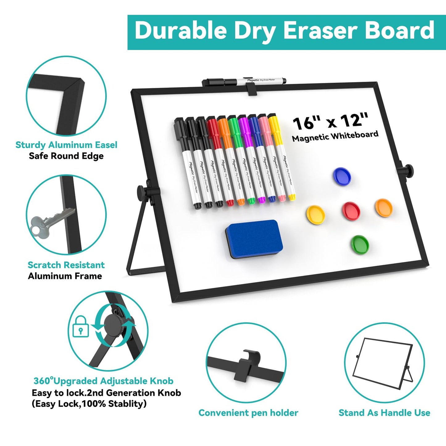 Dry Erase White Board, Cazeyoo Magnetic Desktop Whiteboard 16 x 12inch with Stand, 10 Markers, 4 Magnets and 1 Eraser, Portable Double-Sided White Board for Kids Drawing, Office, Home, School - Black