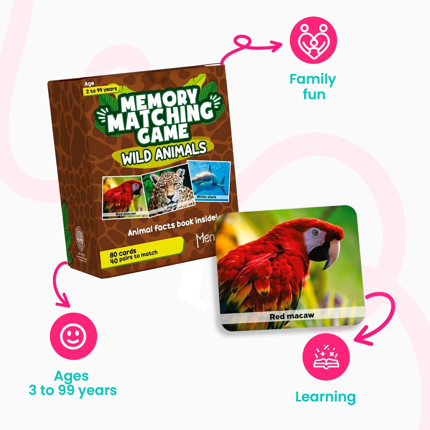 Menique Wild Animals Memory Matching Game – 80 Cards (40 Pairs) with Real Photos – Includes Educational Booklet with Animal Facts – Fun & Cognitive Game for Kids and Adults