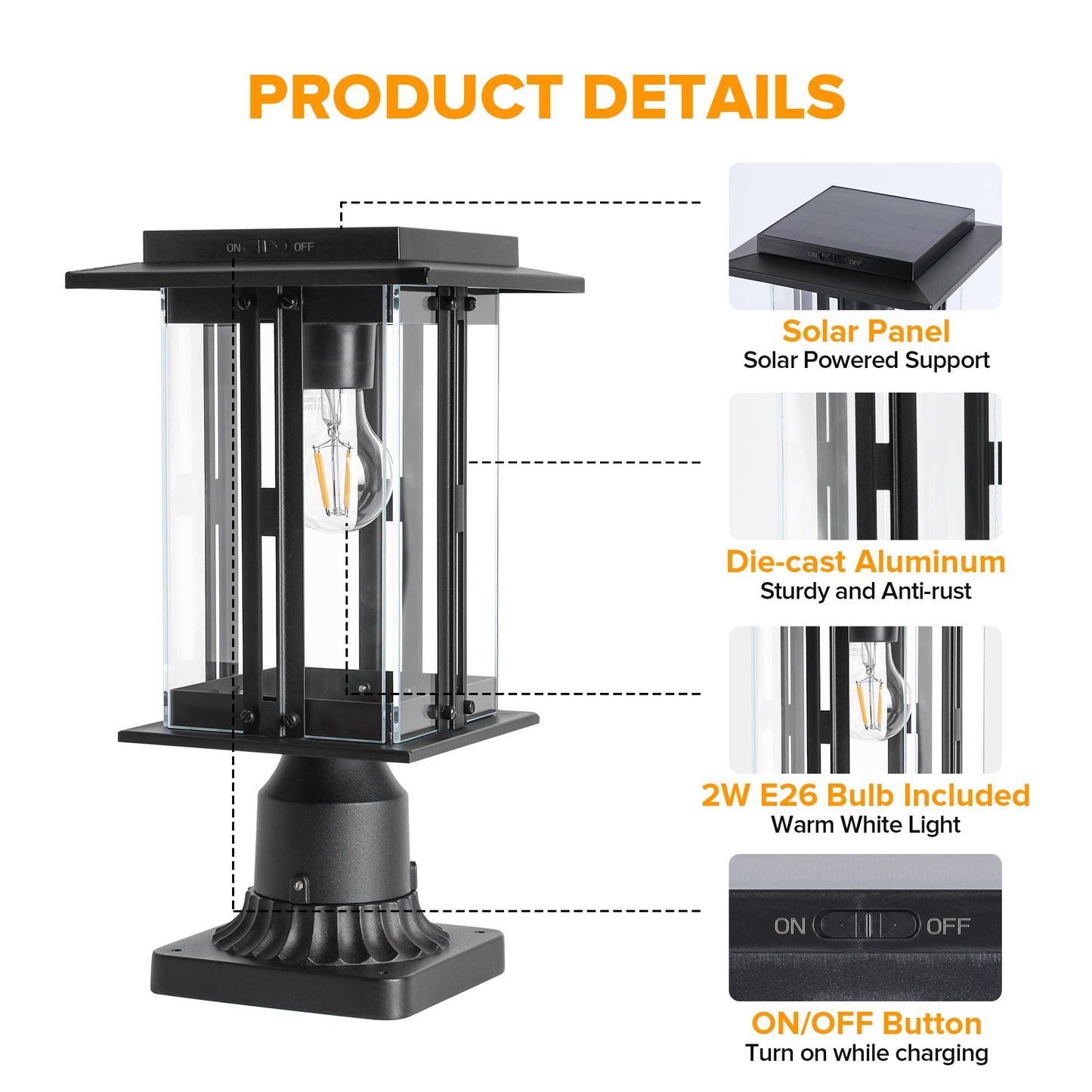 LUTEC Solar Lamp Post Light, Dusk to Dawn, 200 Lumens, Waterproof, Black, Model 6973002012