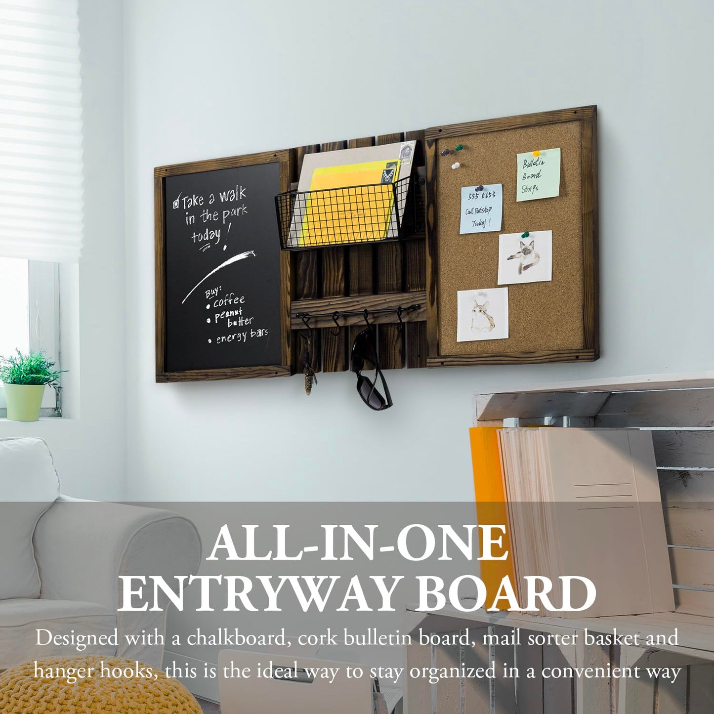 MyGift 3 Panel Wall Mounted Entryway Bulletin Board Combo Set with Rustic Burnt Solid Wood Frame with a Chalkboard, Cork Board, Black Metal Mail Basket, and Hanging Rail