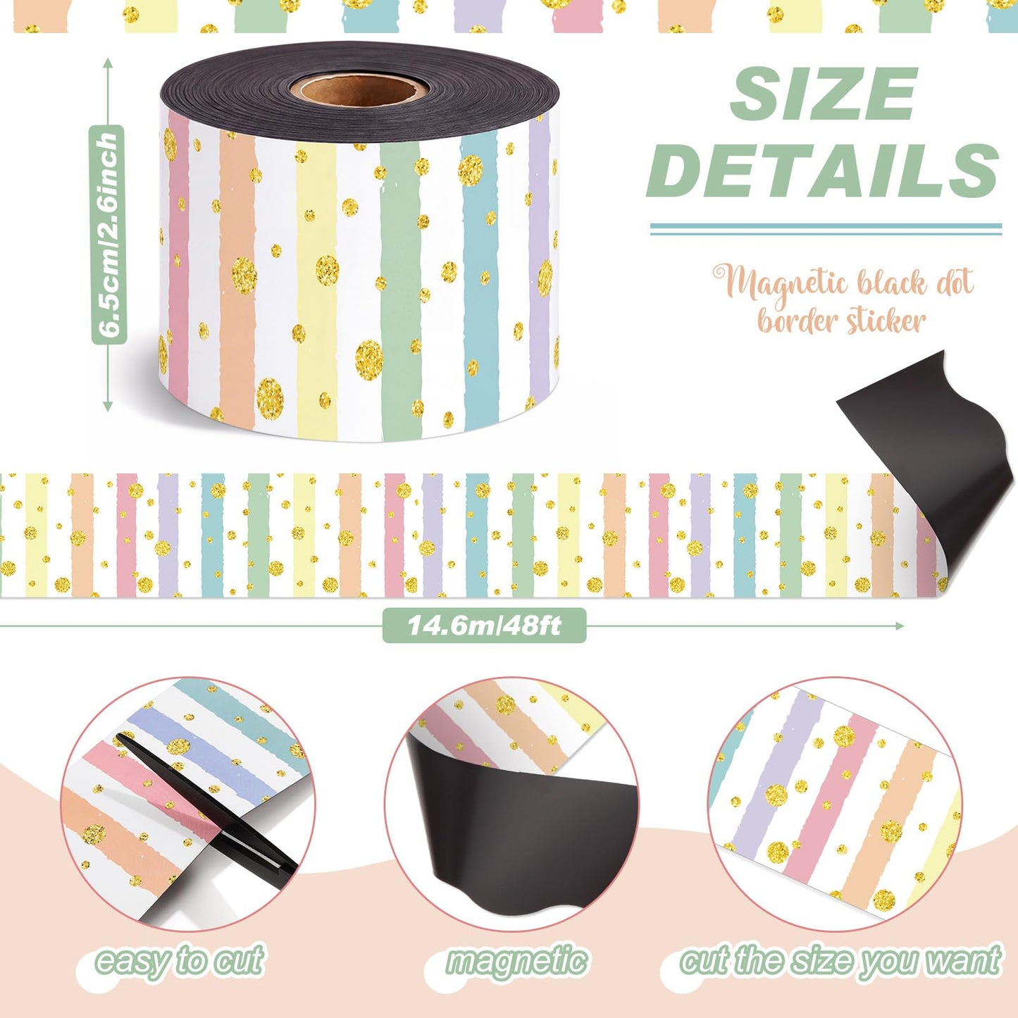 Tenceur 48 ft x 2.76 Inch Magnetic Borders for Whiteboard Decoration, Macaron Polka Dots Stripes Magnetic Bulletin Board Border Set for Summer Classroom Office Chalkboard Poster Board Decor