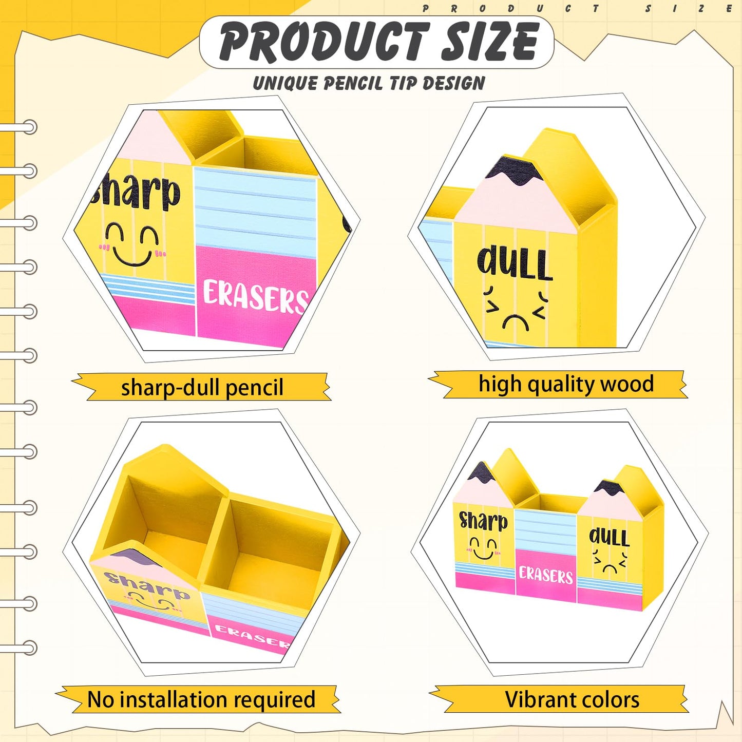 Eaasty Pencil Shaped and Sharp Dull Holder Eraser Wooden Dispenser Pencil Storage 3 Compartments for Back to School Teachers Classroom Organization(1 Pack,Yellow Face)
