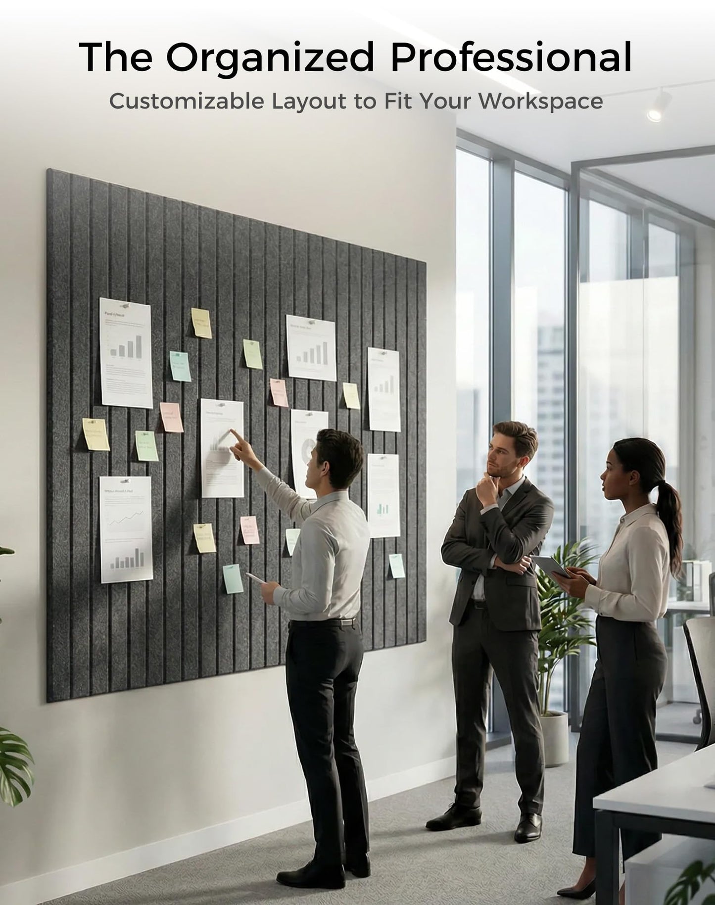 Aothia 12-Pack Felt Bulletin Board Tiles 48"x36", Modular Pin Board for Smooth Walls, Cork Board Alternative for Notes & Photos, 0.35" Thick, 70 Adhesive Tabs & 40 Pins, Charcoal Gray