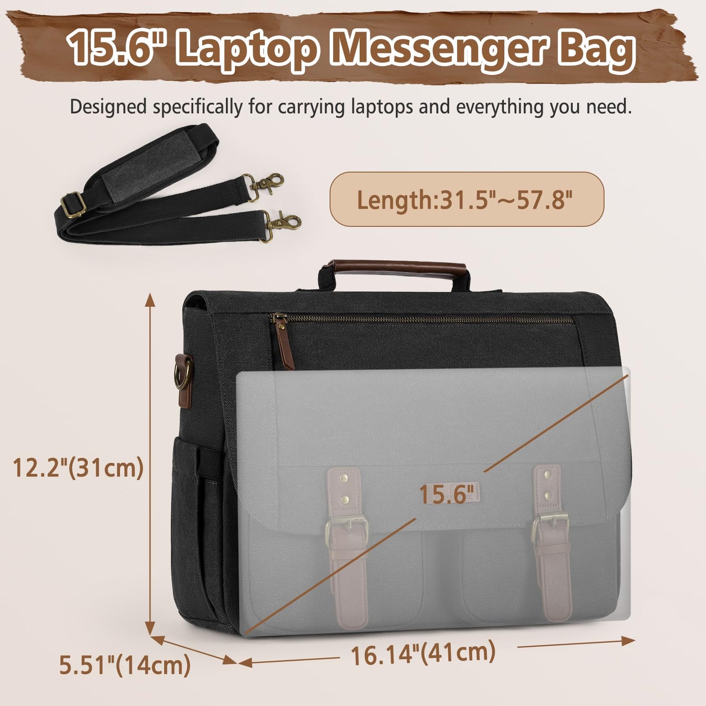 RAINSMORE Messenger Bag for Men, 15.6-17.3 inch Laptop Bag for Work College