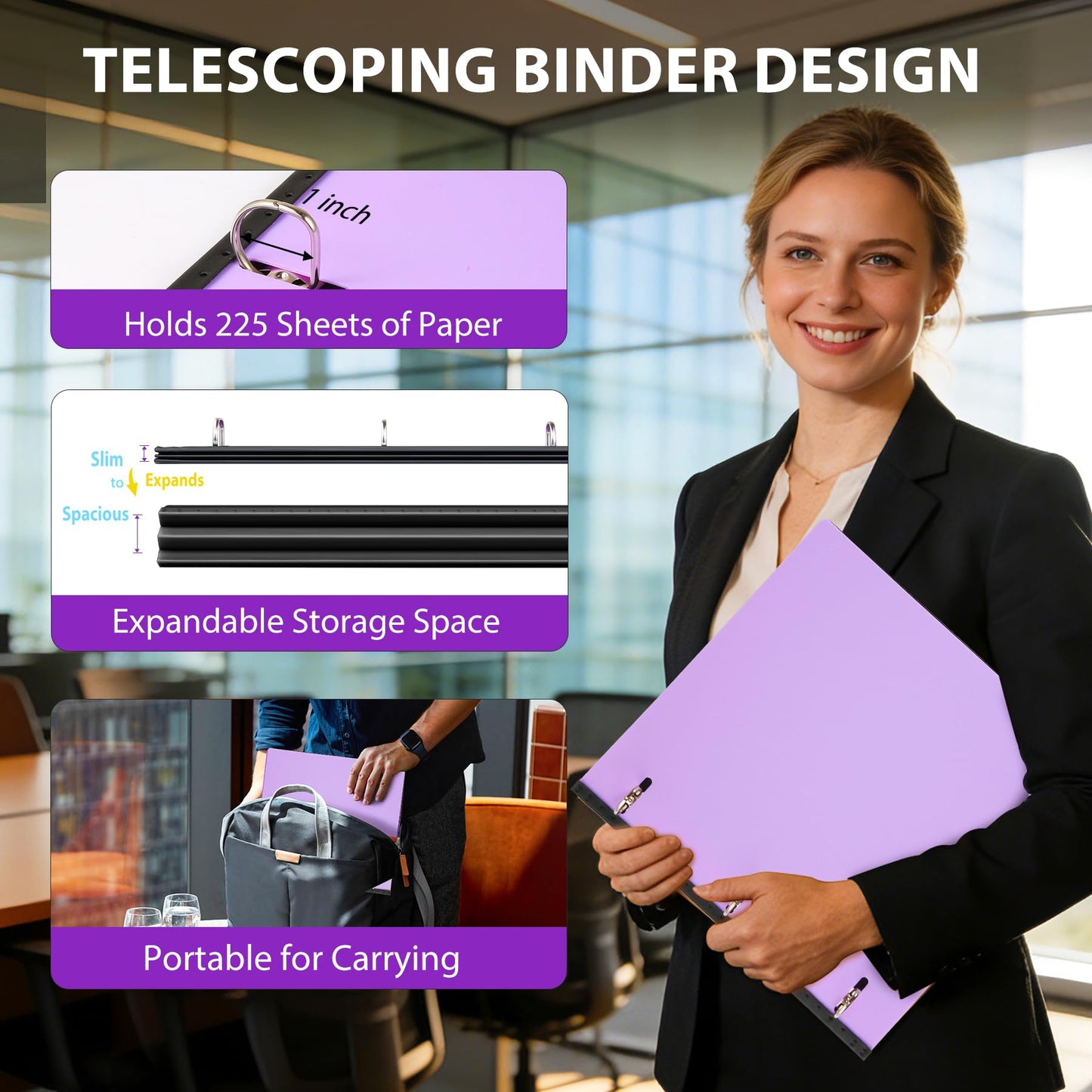 WOT I 6-Pack 1 Inch Telescoping 3 Ring Binder, Expandable Flexible Binder - Patented Design for Easy Portability, Holds 225 Sheets (Assorted Pastels)