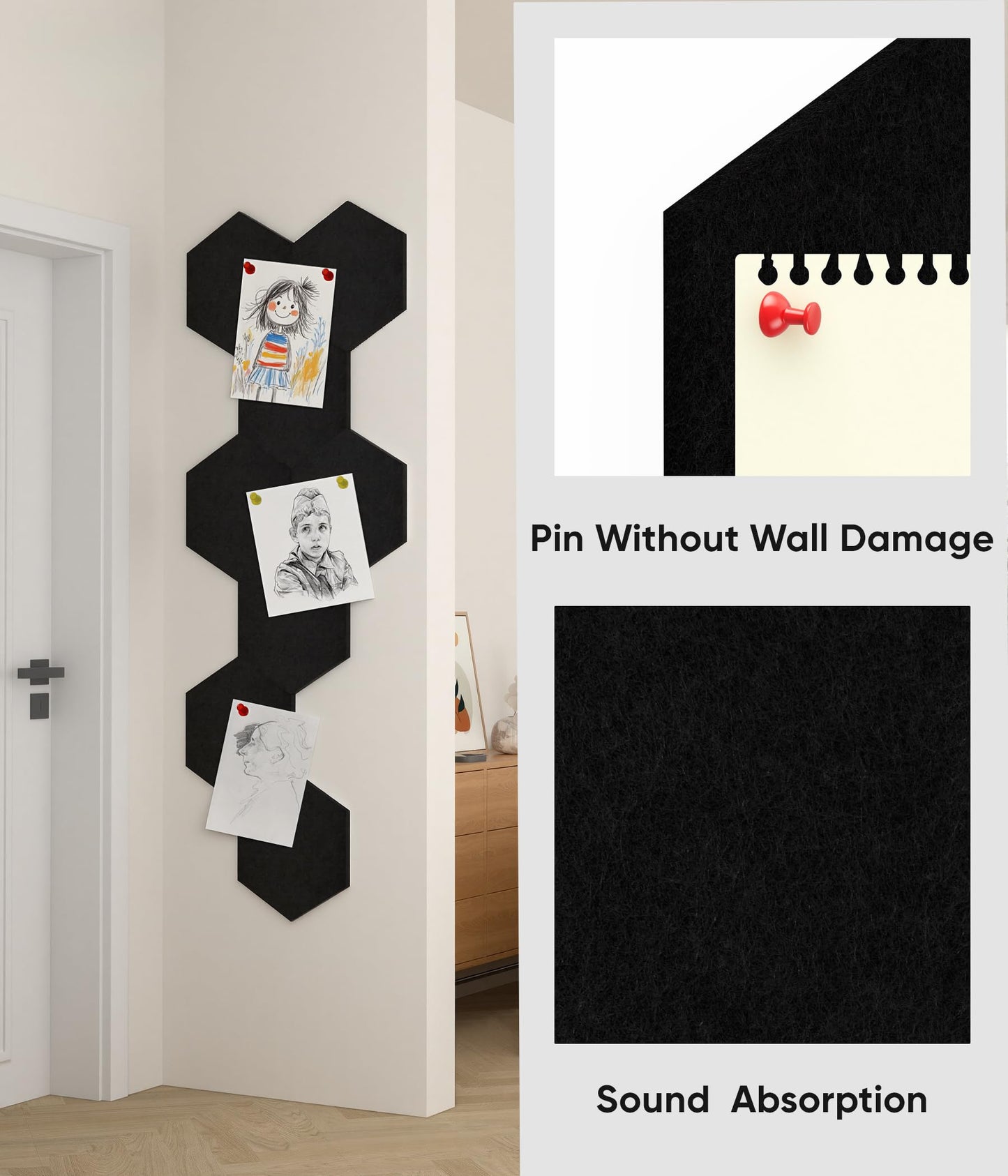 Toptople 12 Inch Large Hexagon Cork Board for Walls, 8 Pack Felt Bulletin Board Tiles, Pin Board with Push Pins for Office Photo and Note, Black