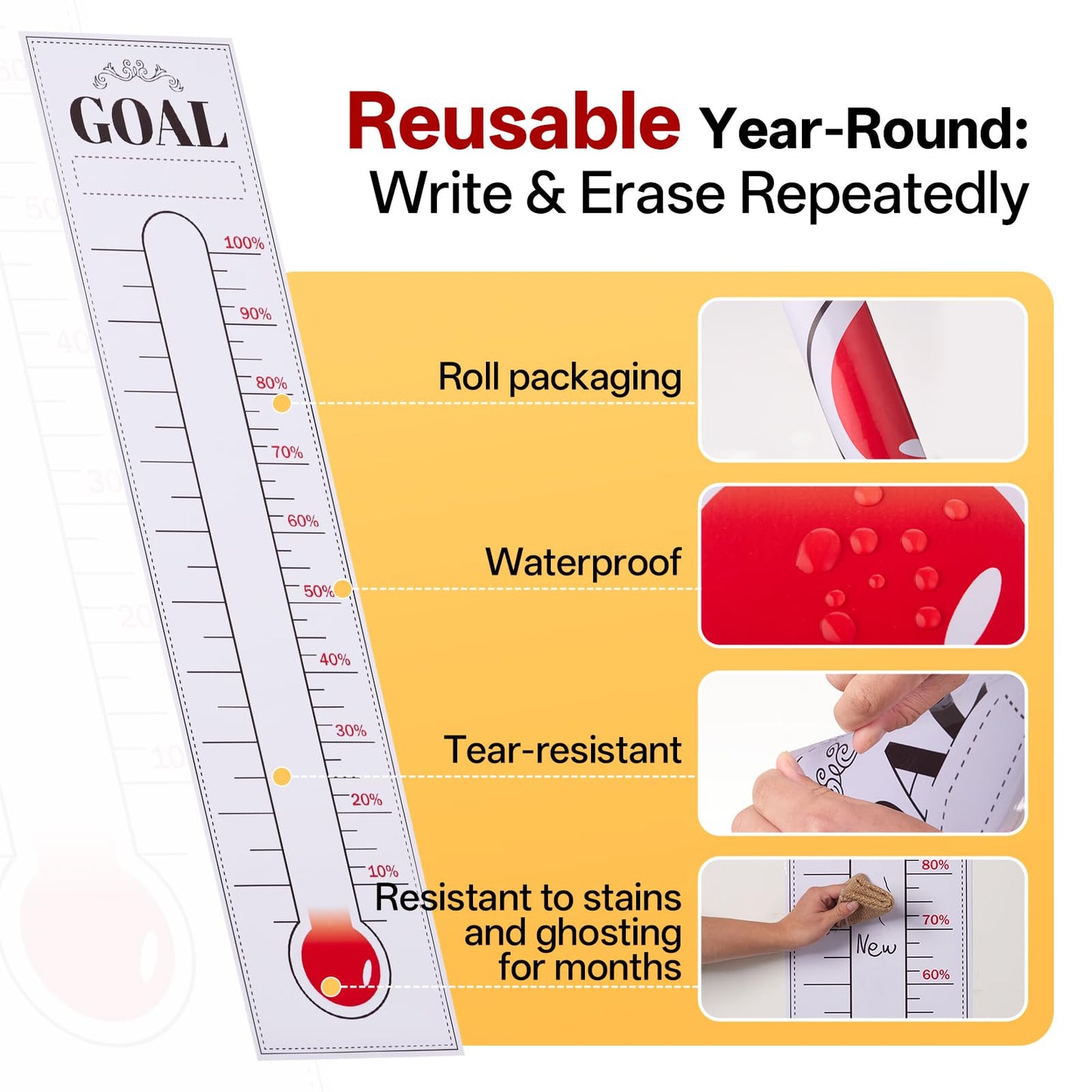 Goal Setting Fundraising Thermometer - 2 Pcs 48" x 11" Dry Erase Self-Adhesive Goal Tracker: Ideal for Charities, Non-Profit, Community & Office Fundraisers, Events & Projects