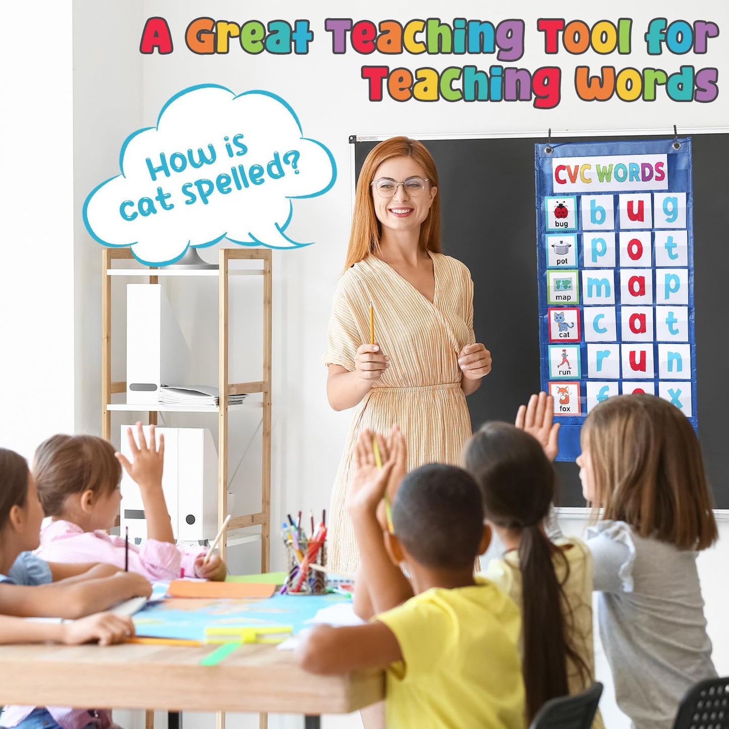 Pasimy CVC Word Pocket Chart with 65 Double-Sided Phonics Flash Cards Classroom CVC Word Literacy Games Preschool Kindergarten Classroom Must Haves for Learning Reading and Spelling(Blue)