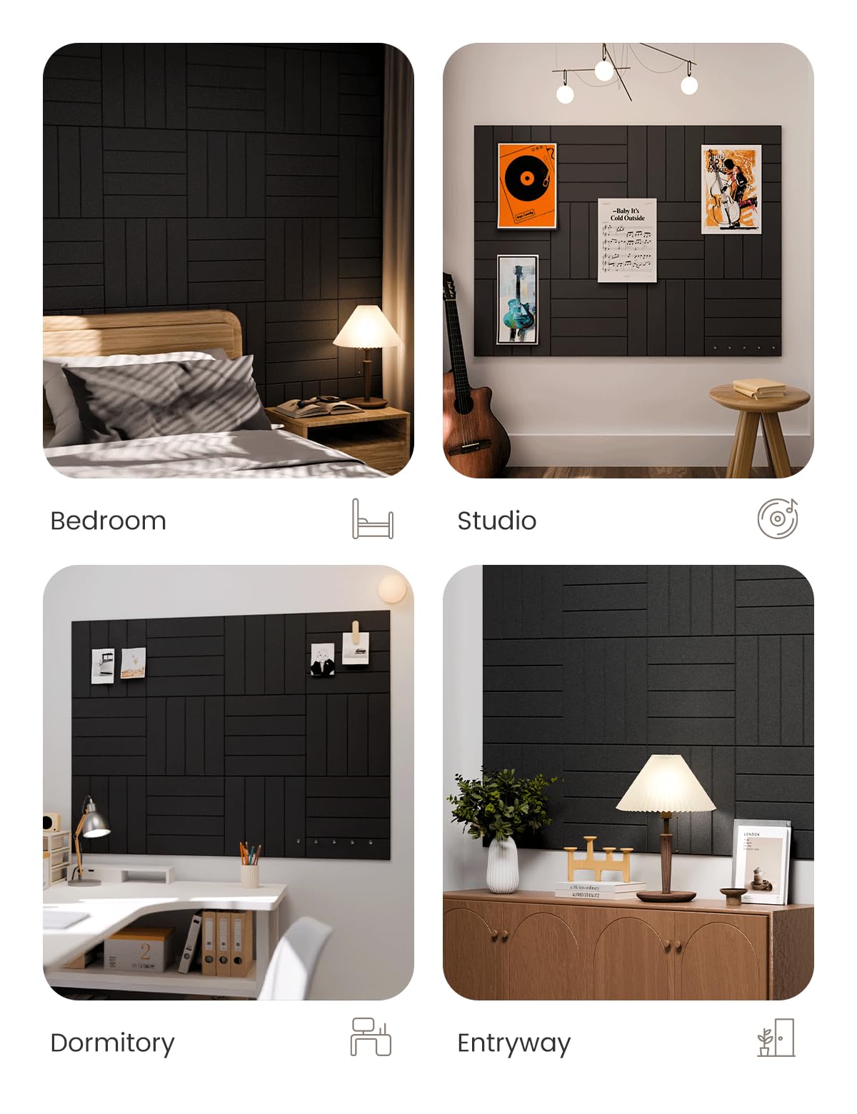 Fluxynara Felt Bulletin Board Tiles Large 48" x 36" Cork Board Alternative-12 Pack with 70 Adhesive Tabs, Thick Slat Wall Panels for Office Decor, Push Pin Board Wall Organizer Alternative -Black