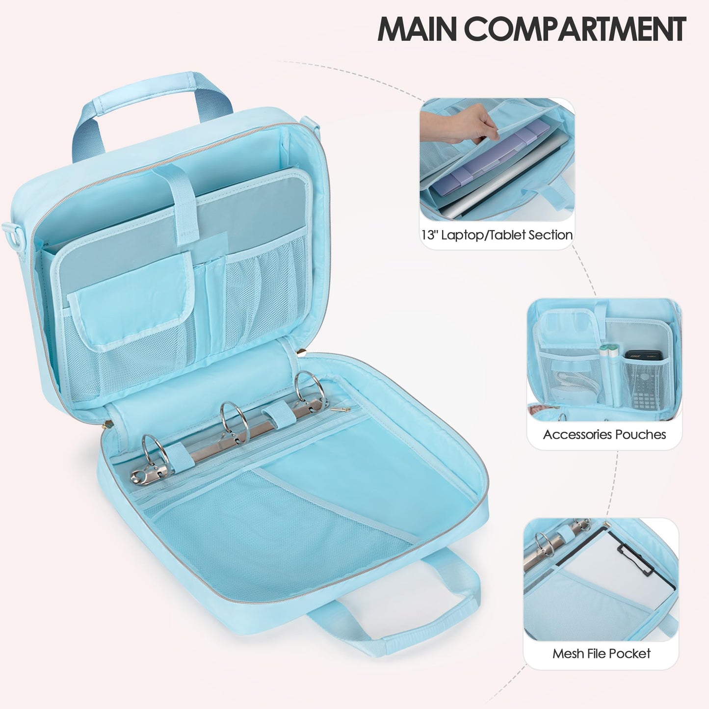 Prokva 3 Ring Zipper Binder, 2 Inch Ring Binder Organizer Bag with Shoulder Strap Fits 13 Inch Laptop and 500 Sheets, Blue(Empty Bag Only)