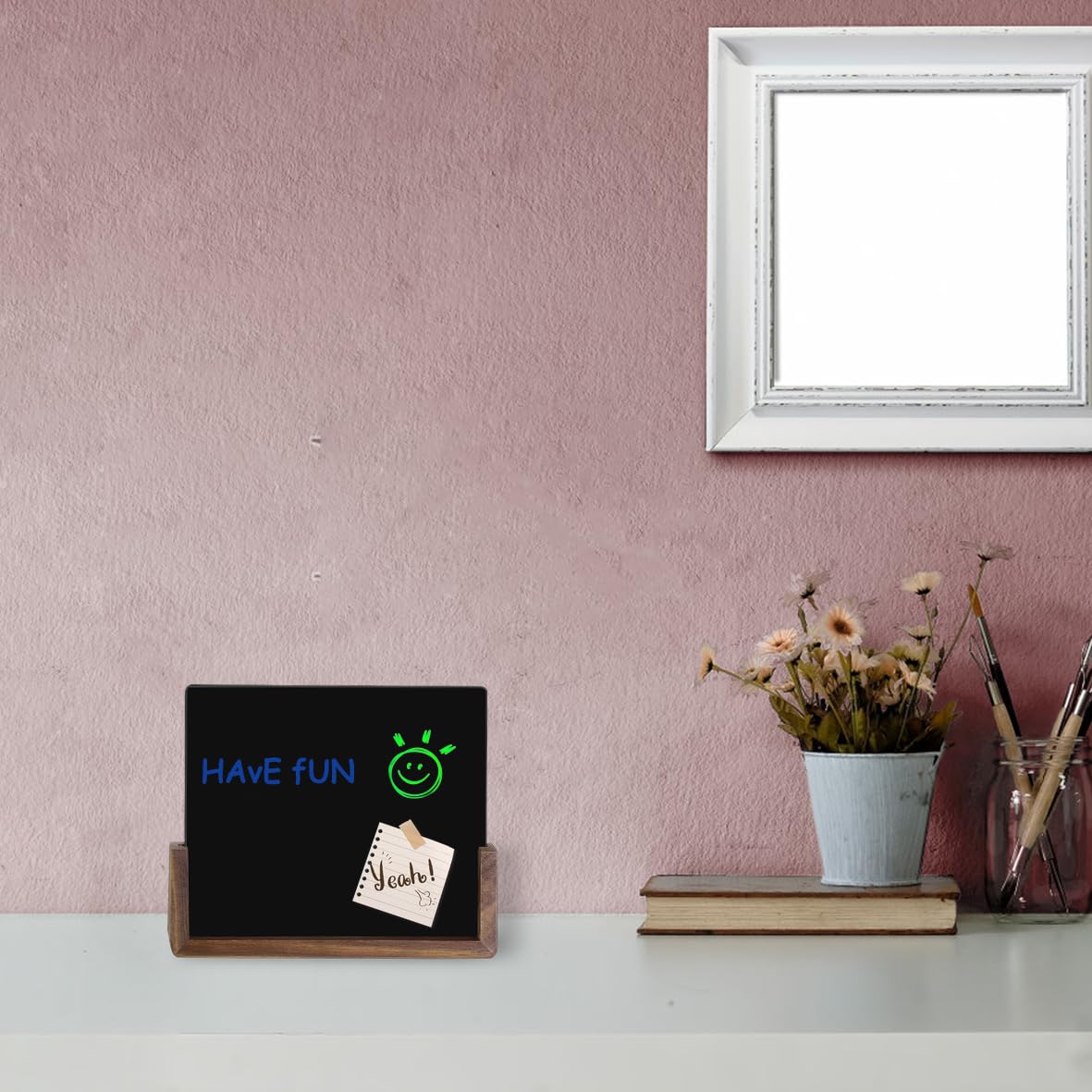 Desktop Glass Whiteboard with Walnut Wood Base,Small Dry Erase Board, Black Writing Note Pad, Desk White Board,Glassboard for Tabletop Display(Walnut Base,Glass)