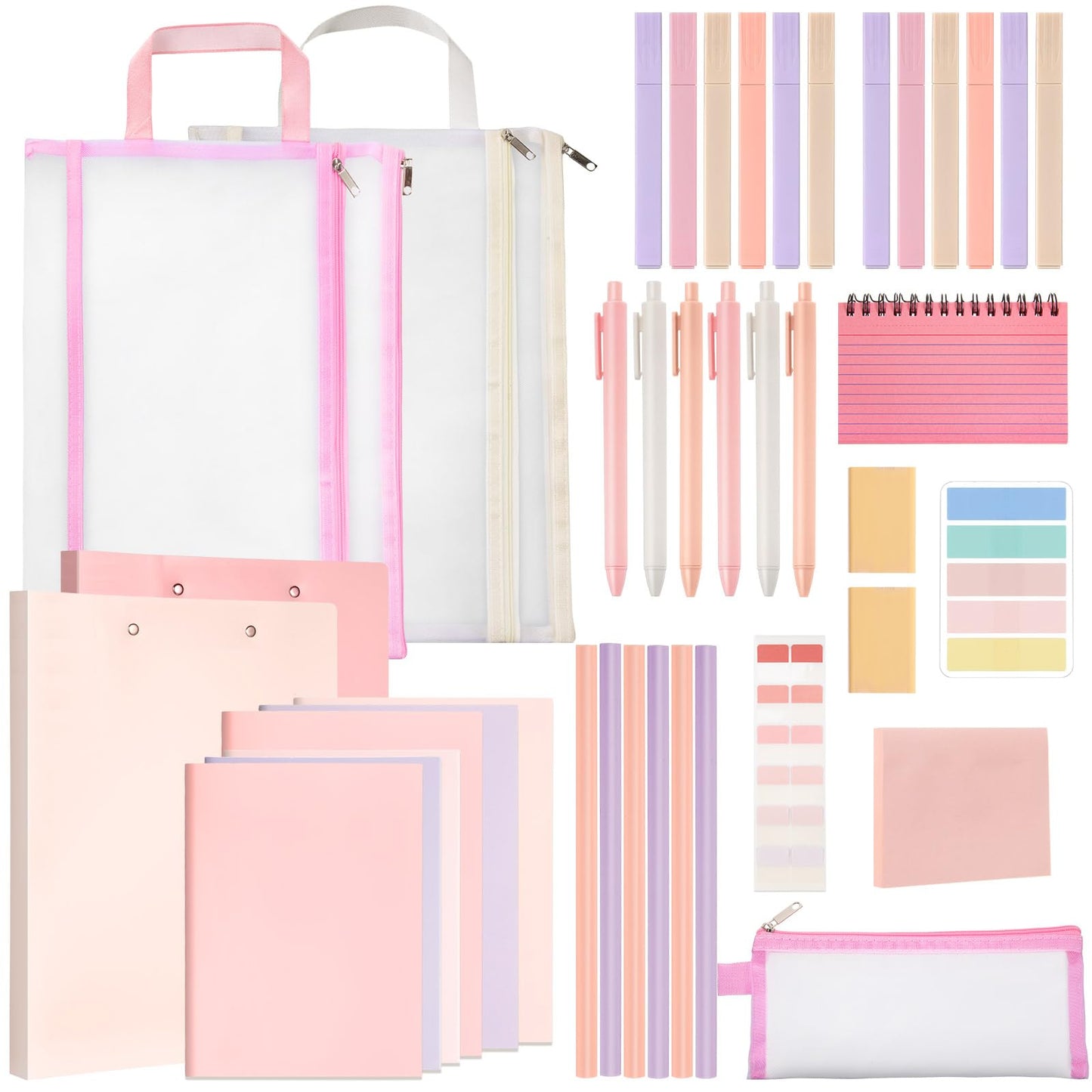 Colarr 54 Pcs Cute Notebook Stationery Set for Women, Bible Study Supplies, 6 Lined Notebooks, 36 Pens, Sticky Notes & Tabs, Bags & Folders for Work Journal Study College Office Supply(Pink)