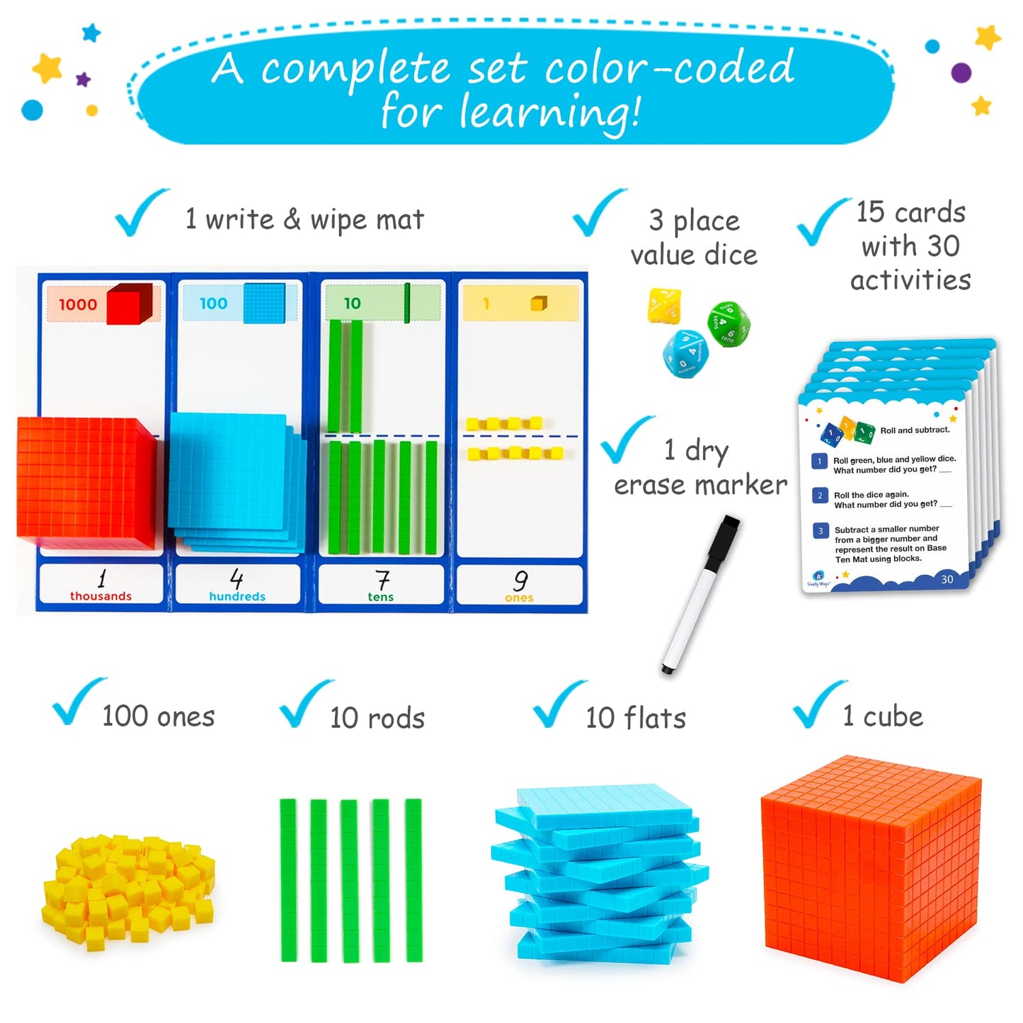 Simply magic 166 PCS Magnetic Fractions Activities Class Set & 140+1 PCS Colorful Base Ten Blocks & Activities Set for Math