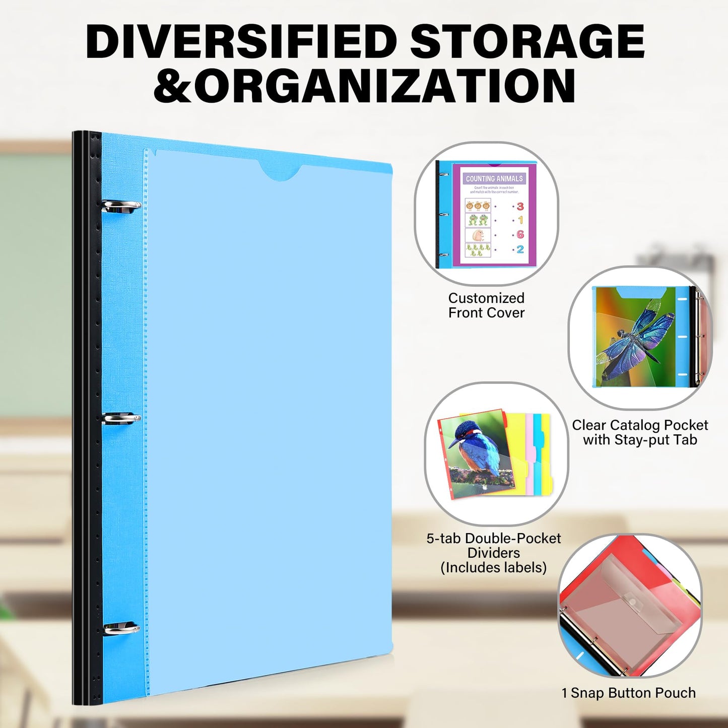 WOT I Telescoping Project Organizer, Refillable Binder with Dividers and Pockets, 13 Pocket Folders, 1 Inch 3 Ring Binder, Blue