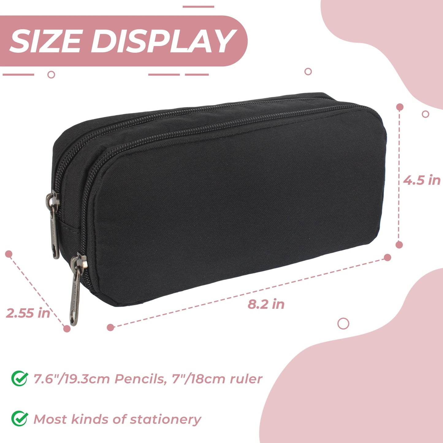Della Gao Large Pencil Case, Big Capacity Pencil Pouch with 2 Compartments, Office Pencil Bag with Zipper, Big Pen Case for Adults (01-Black)